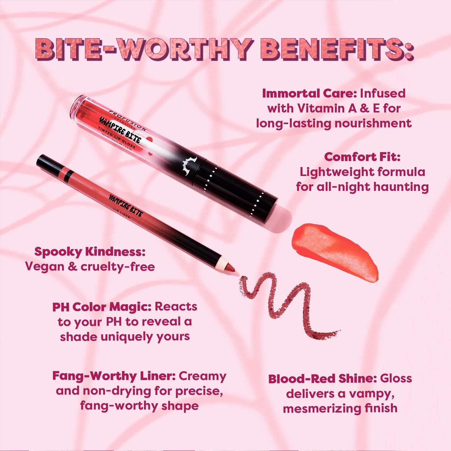 Profusion Cosmetics Monster Bash vampire bite tinted lip gloss and lip liner on lips with bold, dark red color and glossy finish.