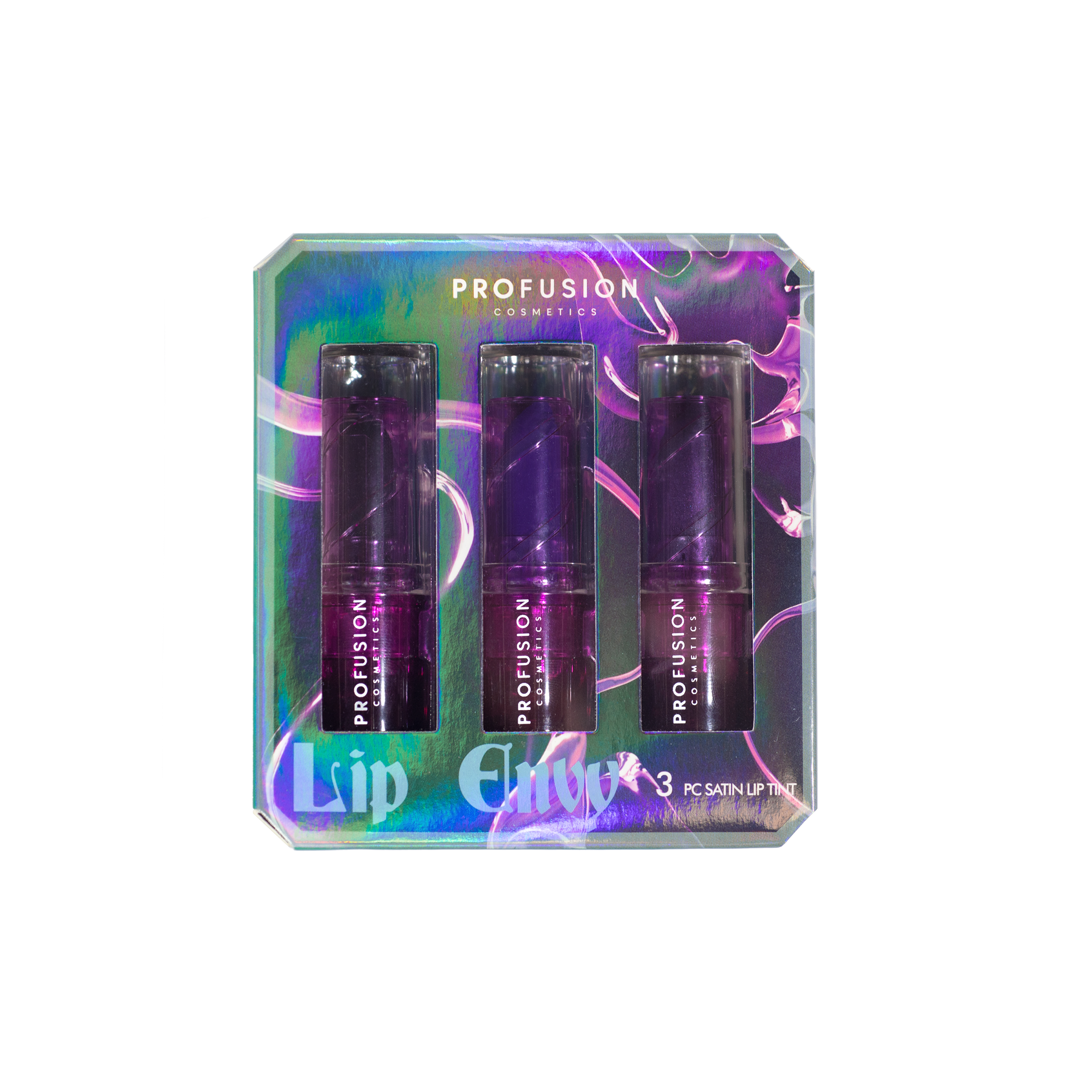 Sea Witch 3 PC Satin Lip Tint set by Profusion Cosmetics, showing three smooth, satin-finish lip tint shades on lips.