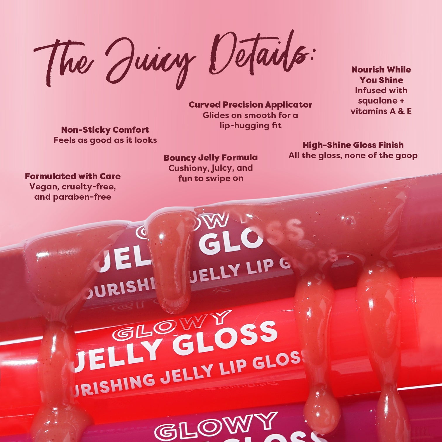 Profusion Cosmetics Glowy Jelly Gloss on lips with a glossy, nourishing guava-flavored finish.