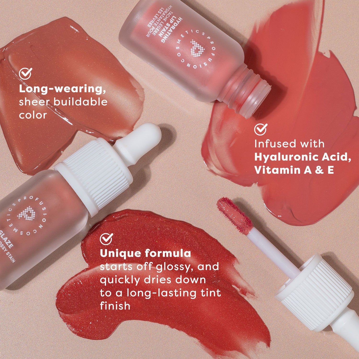 Profusion Cosmetics Lip Glaze Hydrating Lip Stain on lips with a glossy, natural finish.