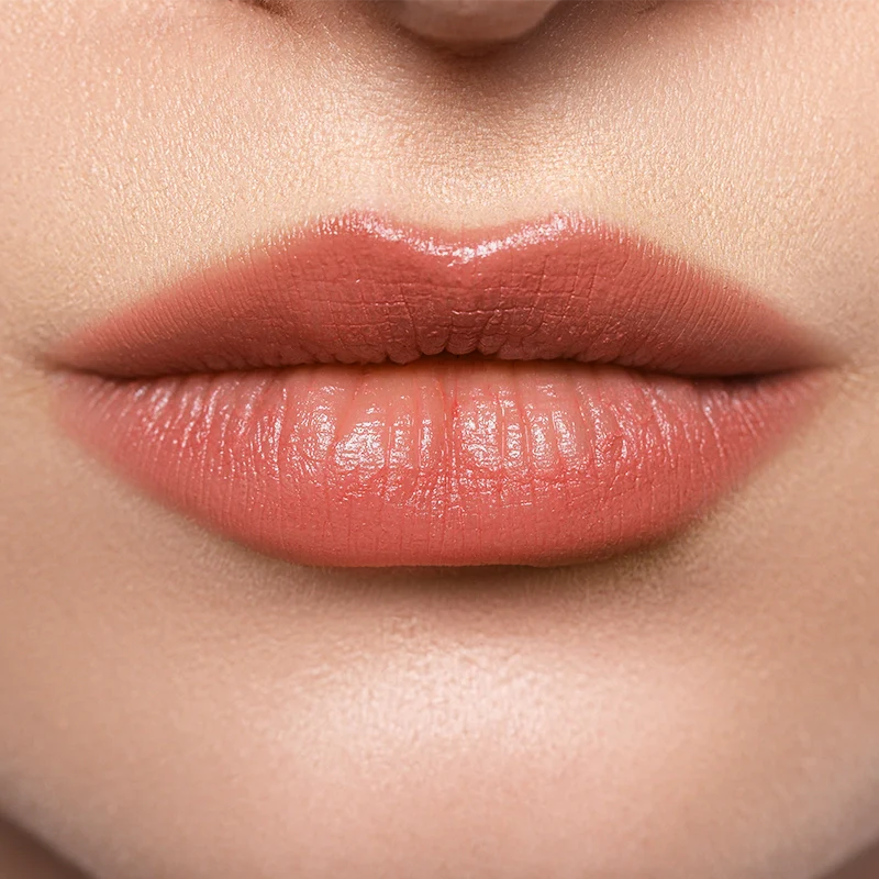 Profusion Cosmetics Lip Glaze Hydrating Lip Stain on lips with a glossy maple glaze finish.