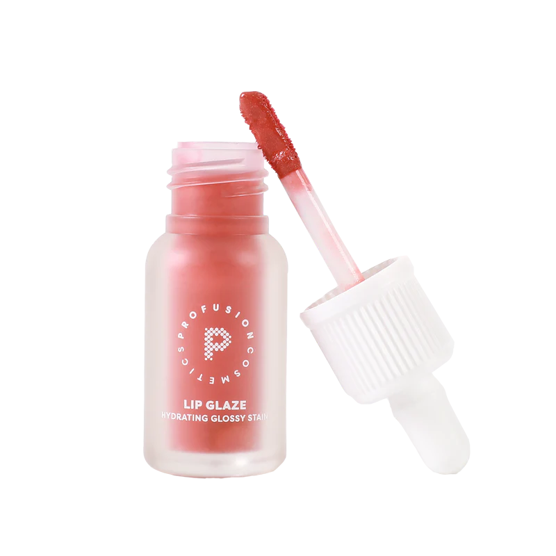 Profusion Cosmetics Lip Glaze Hydrating Lip Stain applied on lips with a glossy, maple shade finish.