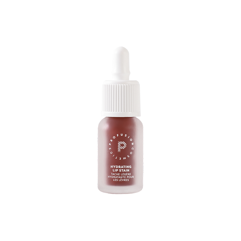 Profusion Cosmetics Lip Glaze Hydrating Lip Stain on lips with a glossy, natural finish in a warm caramel shade.