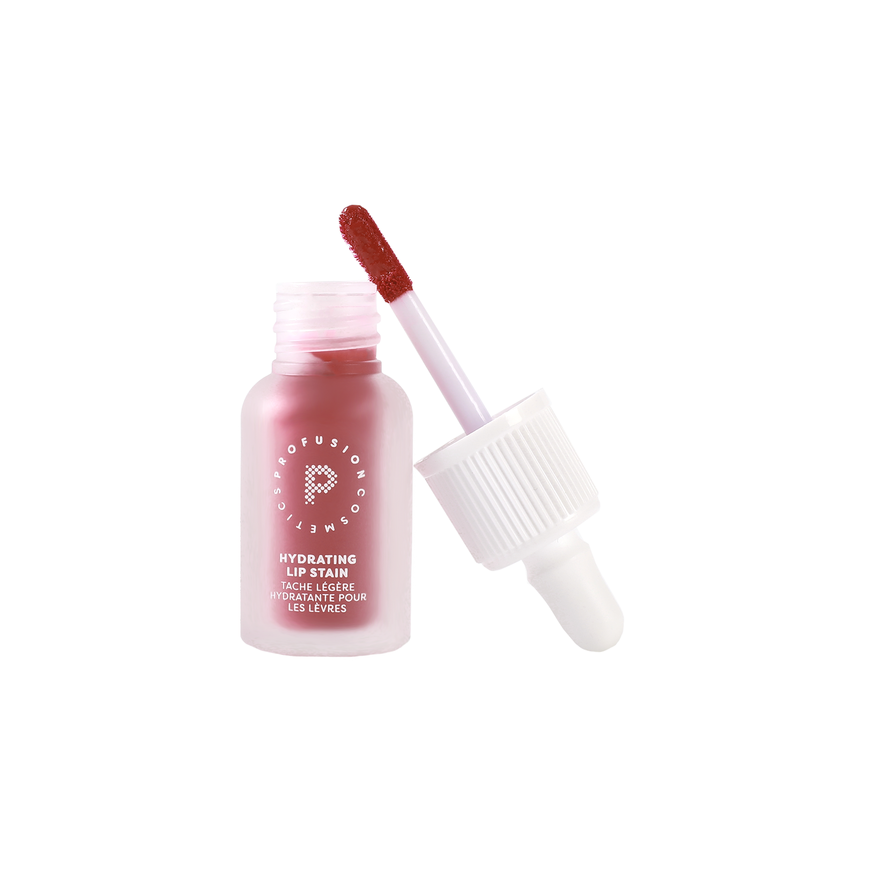 Profusion Cosmetics Lip Glaze Hydrating Lip Stain on lips with a glossy, natural maple shade.