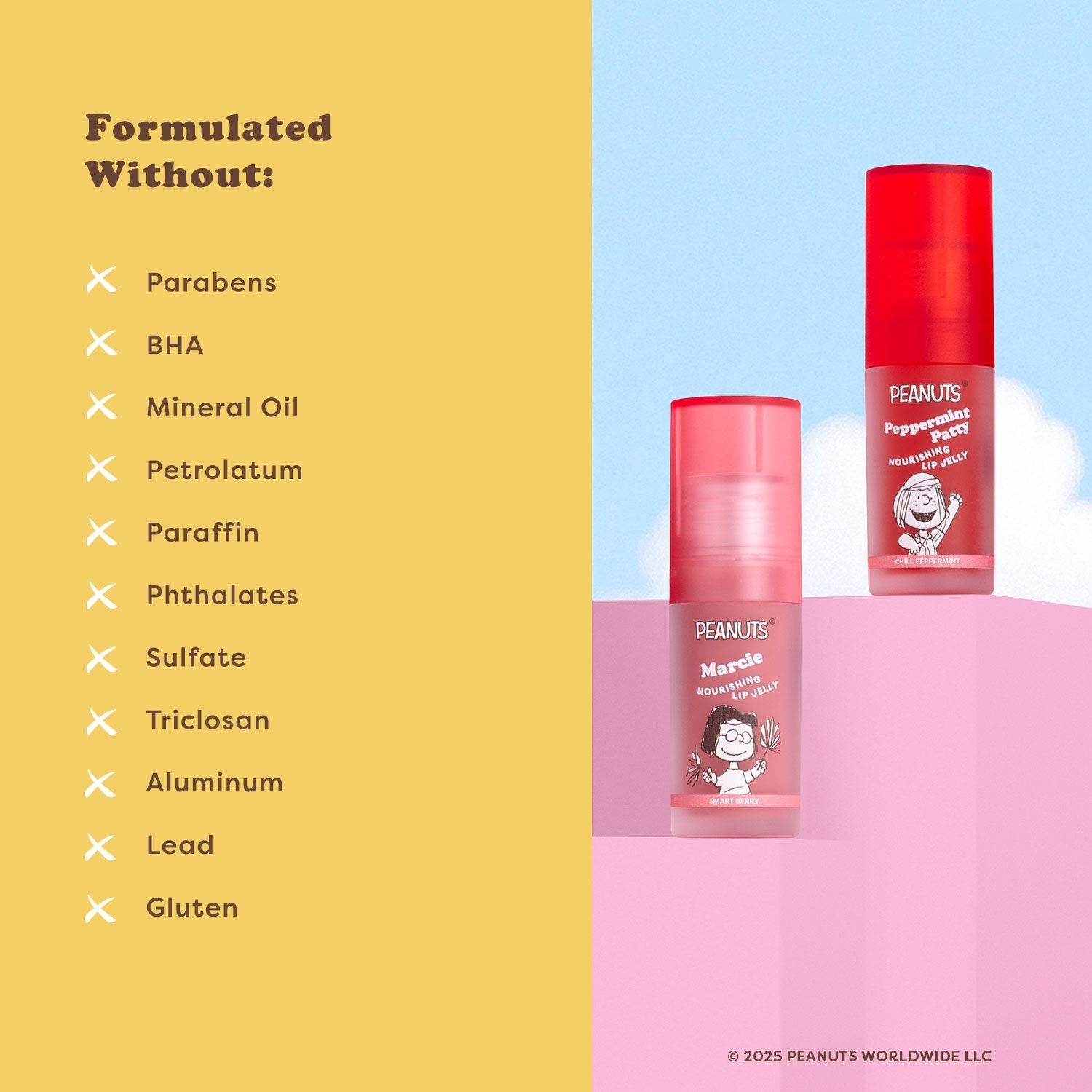 Profusion Cosmetics Peanuts 75th Nourishing Lip Jelly on lips, showcasing shiny, moisturized lips with a Peanuts-themed lip gloss.