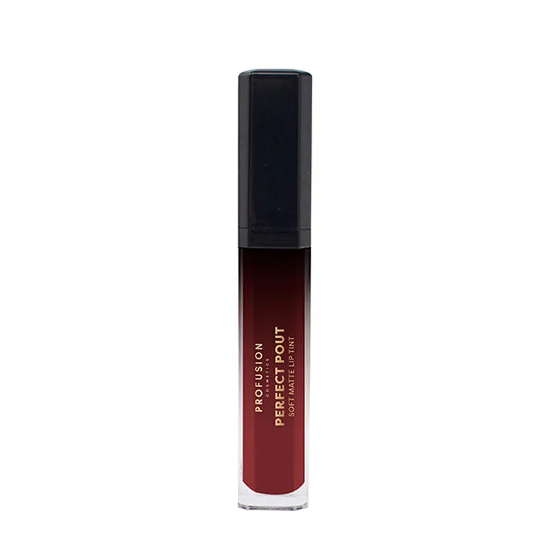 Profusion Cosmetics Perfect Pout Soft Matte Lip Tint on lips, showcasing a smooth, vibrant matte finish.