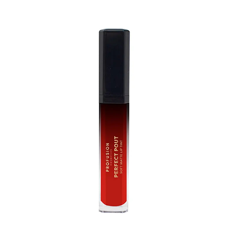 Profusion Cosmetics Perfect Pout Soft Matte Lip Tint applied on lips, showcasing smooth, vibrant matte finish and natural lip contour.