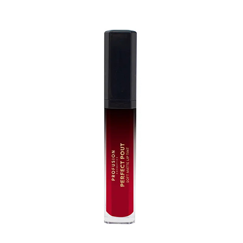Profusion Cosmetics Perfect Pout Soft Matte Lip Tint applied on lips, showcasing smooth, velvety matte finish and rich color.