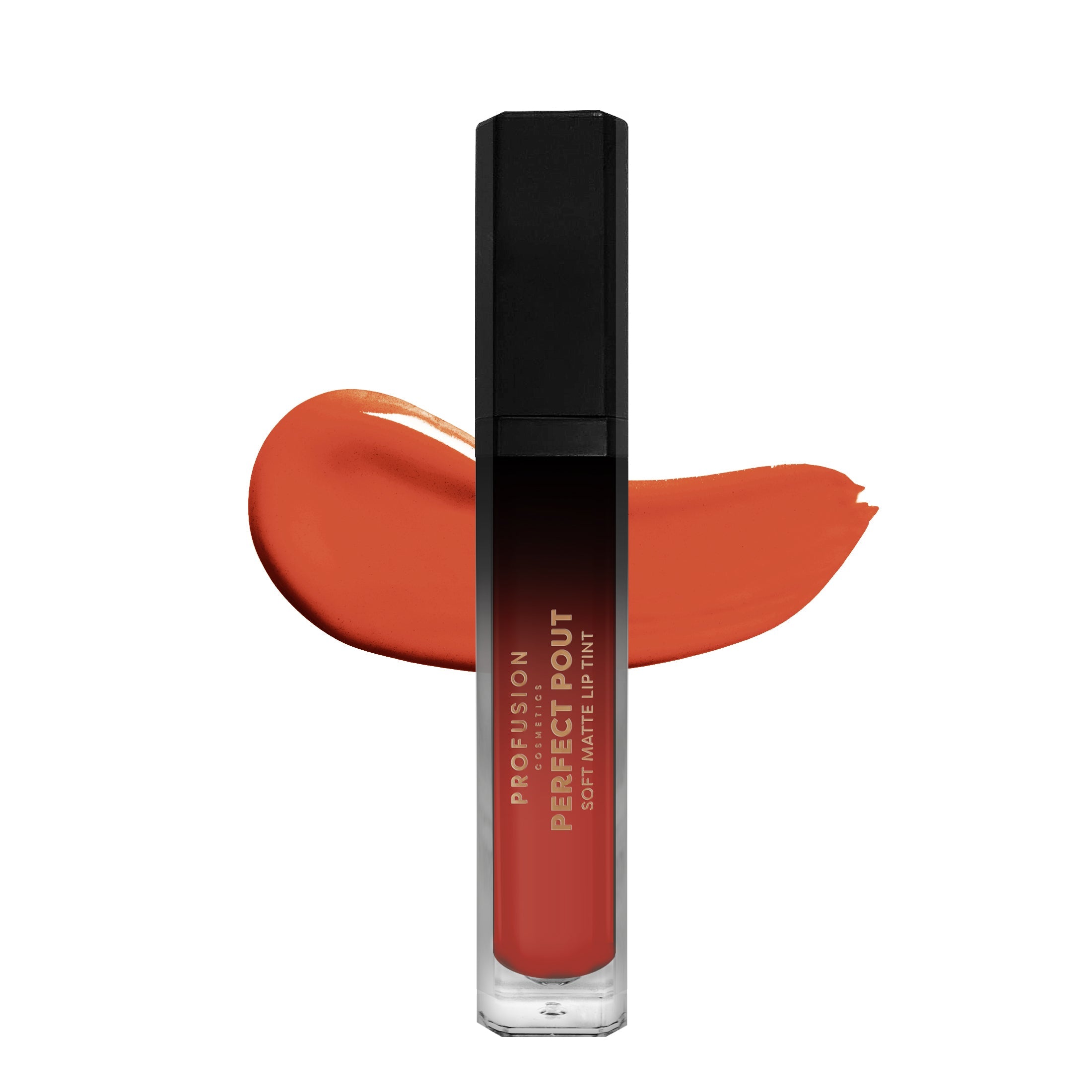 Profusion Cosmetics Perfect Pout Soft Matte Lip Tint applied on lips, showcasing smooth, even color with a matte finish.