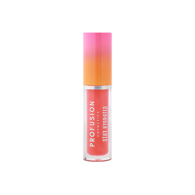 Profusion Cosmetics Stay Hydrating Nourishing Lip Oil applied on lips, showcasing its glossy, smooth finish and moisturizing effects.