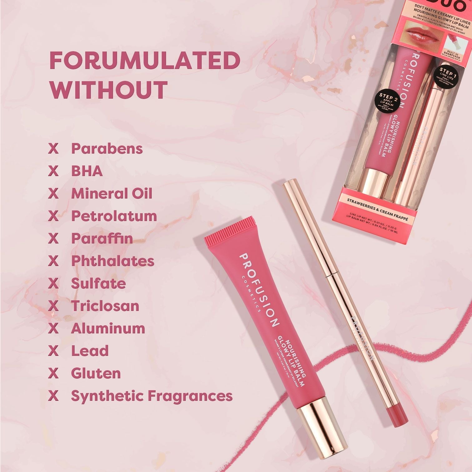 Profusion Cosmetics Lip Treat Duo with soft matte lip liner and nourishing glowy lip balm in Cappuccino Kiss.