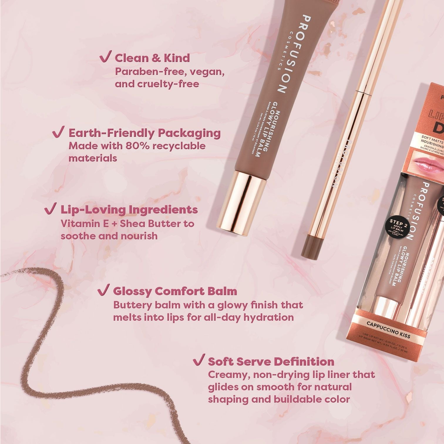 Profusion Cosmetics Lip Treat Duo with soft matte lip liner and nourishing glowy lip balm, in cappuccino kiss shade.