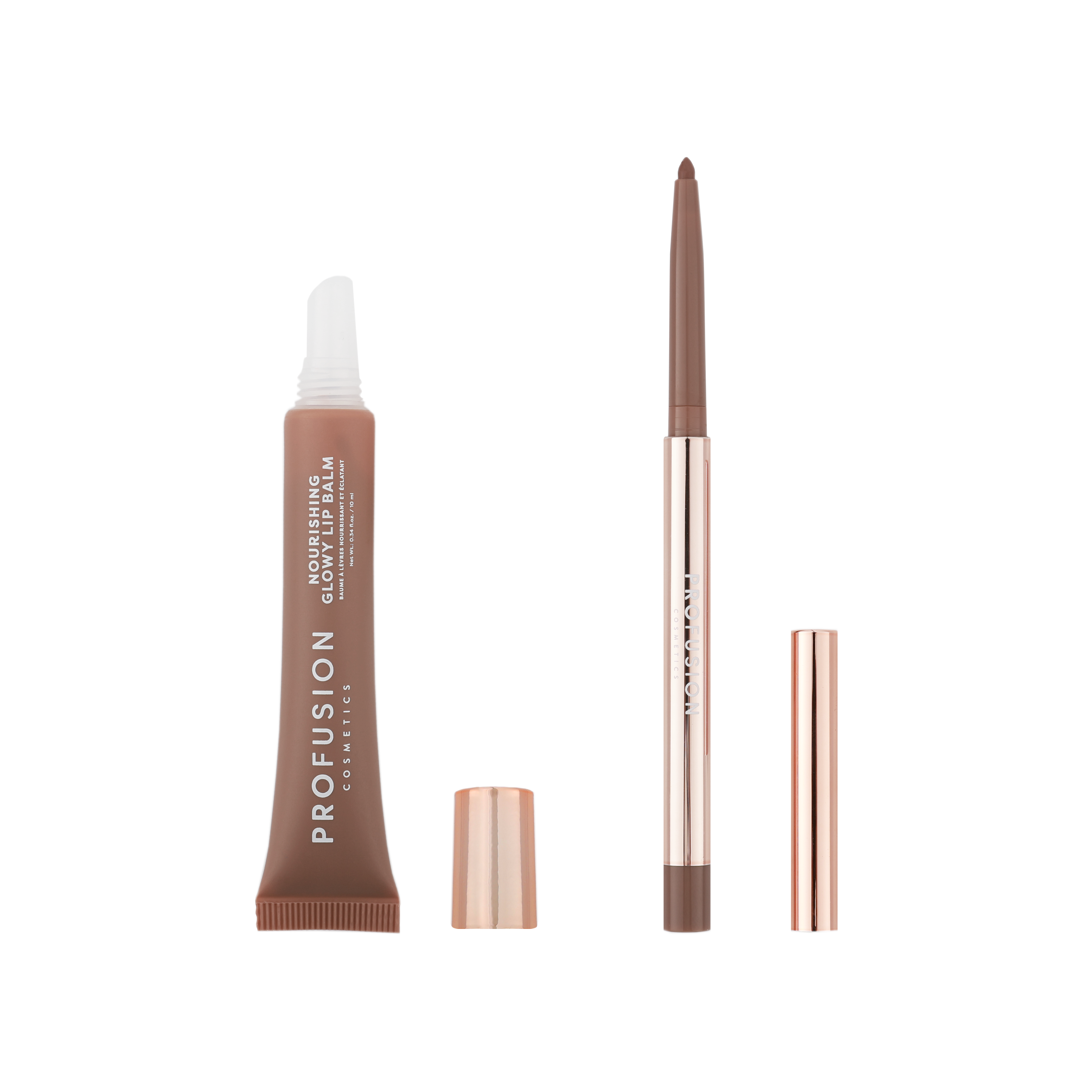 Profusion Cosmetics Lip Treat Duo featuring soft matte lip liner and nourishing glowy lip balm in Cappuccino Kiss.