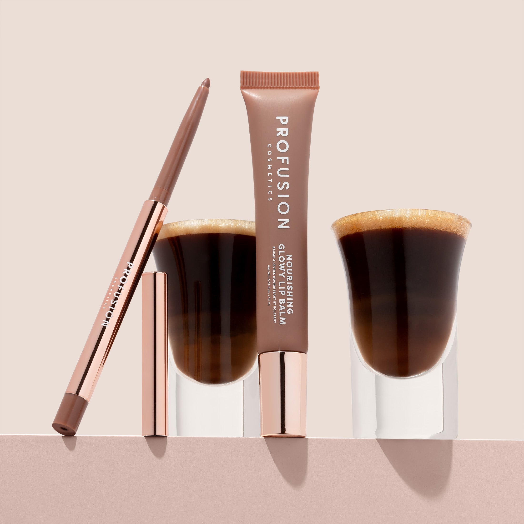 Profusion Cosmetics Lip Treat Duo with soft matte lip liner and nourishing glowy lip balm, featuring a cappuccino kiss shade.