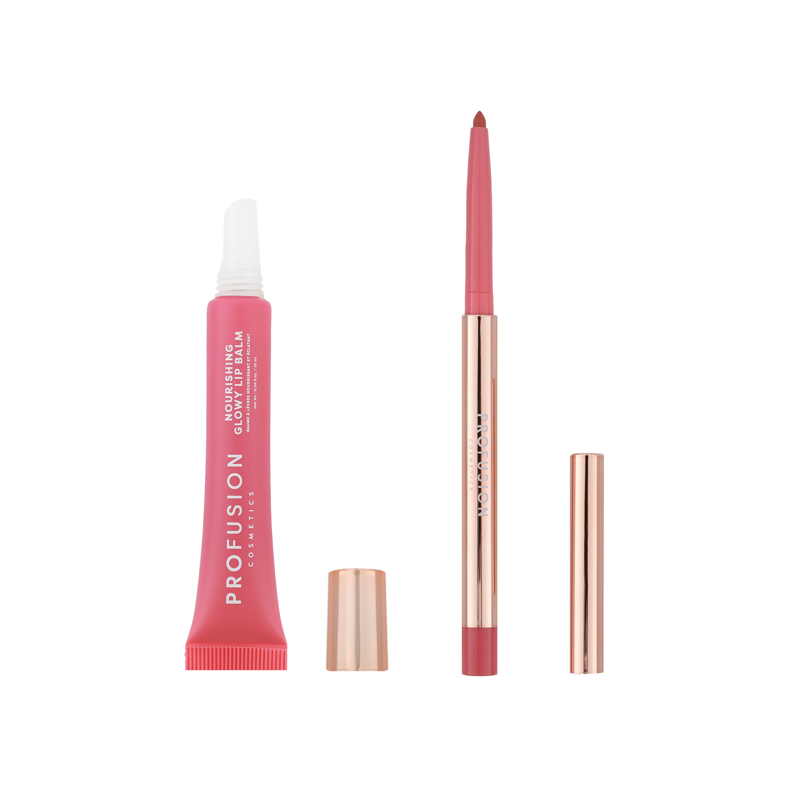 Profusion Cosmetics Lip Treat Duo with soft matte lip liner and nourishing glowy lip balm in natural shades.
