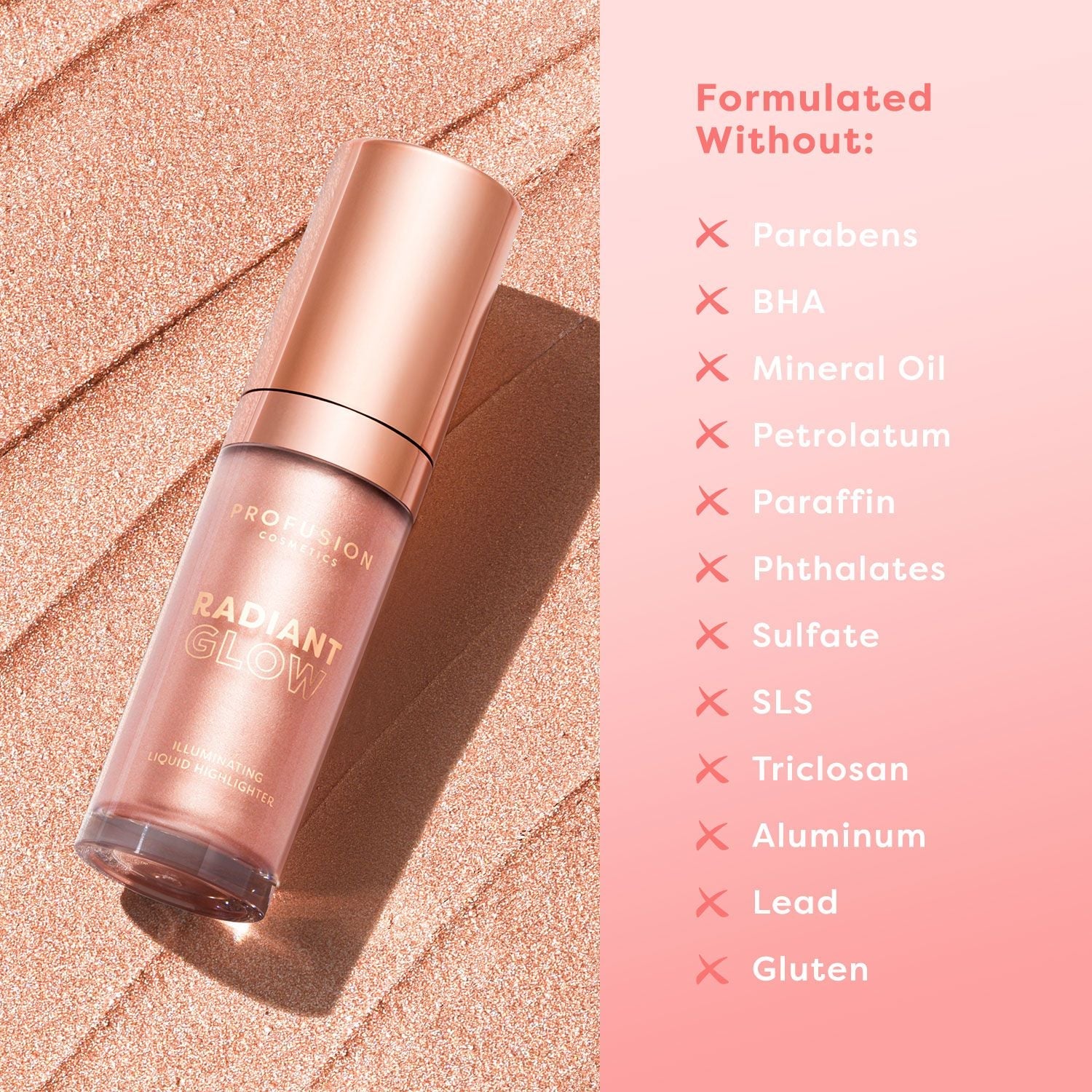 Profusion Cosmetics Radiant Glow Illuminating Liquid Highlighter in champagne shade, smooth liquid formula with a radiant finish.