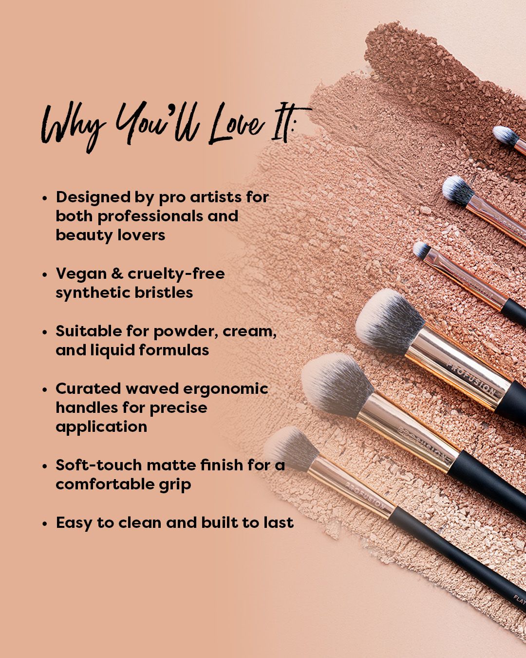 Set of three Artistry Face Essentials makeup brushes by Profusion Cosmetics, including foundation, blush, and powder brushes.