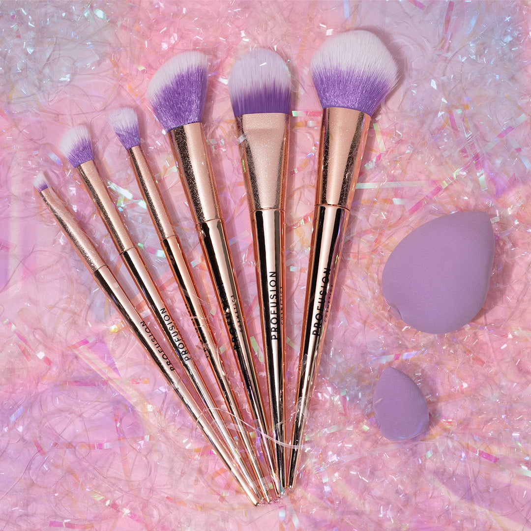 Profusion Cosmetics Brush Crush 8-piece makeup brush and sponge set with various brushes and applicators for flawless makeup application.