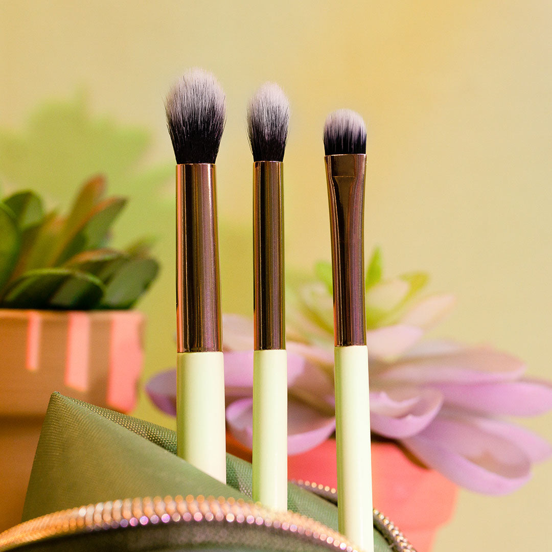Profusion Cosmetics Desert Sage makeup brushes set with 4-piece bag and stand, featuring natural-looking brush handles and soft bristles.