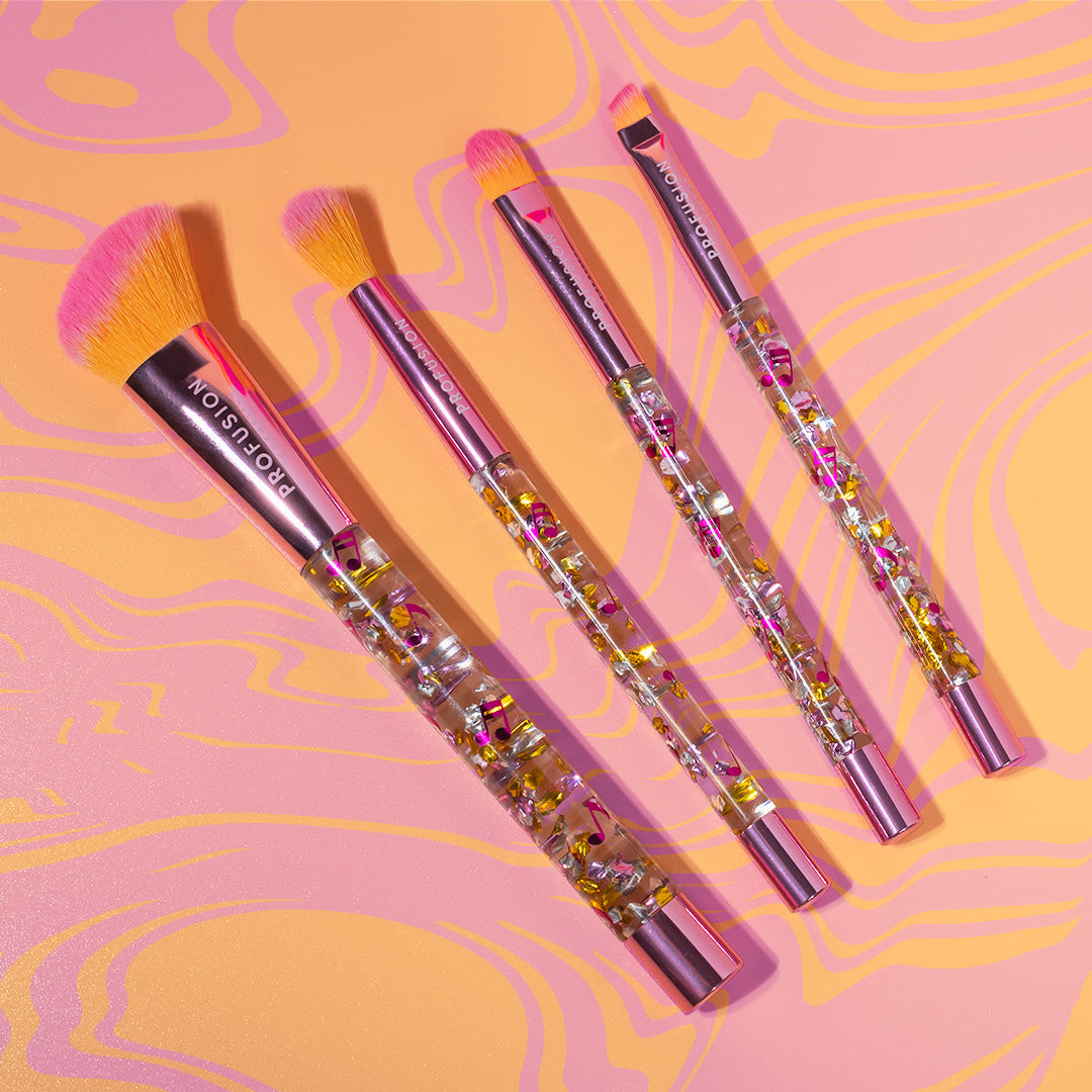 Profusion Cosmetics Feel the Beat 4-piece face and eye makeup brush set, featuring soft brushes for blending and precise application.