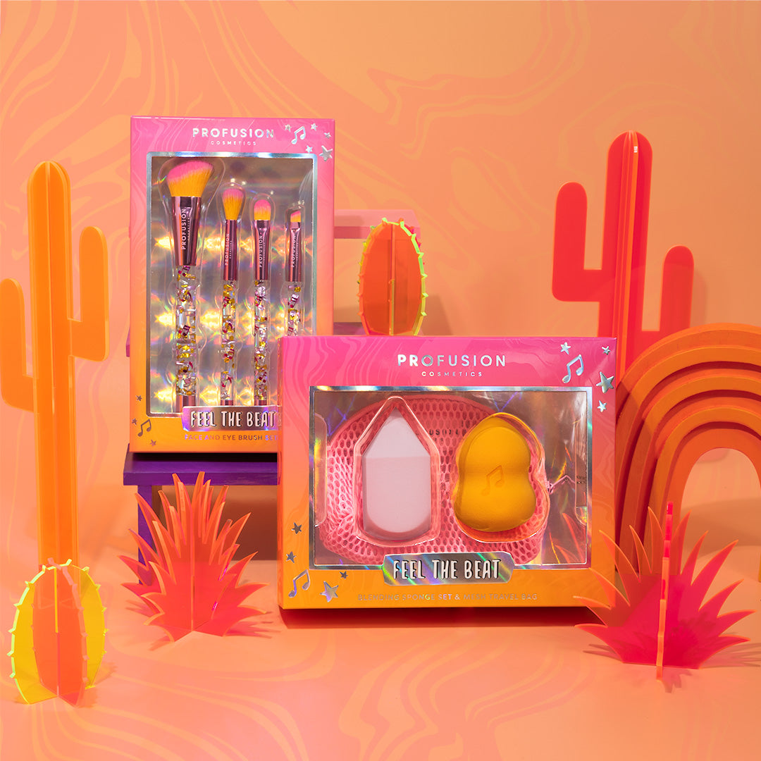 Profusion Cosmetics It's a Vibe Feel the Beat 4-piece face and eye makeup brush set displayed with brushes arranged neatly.