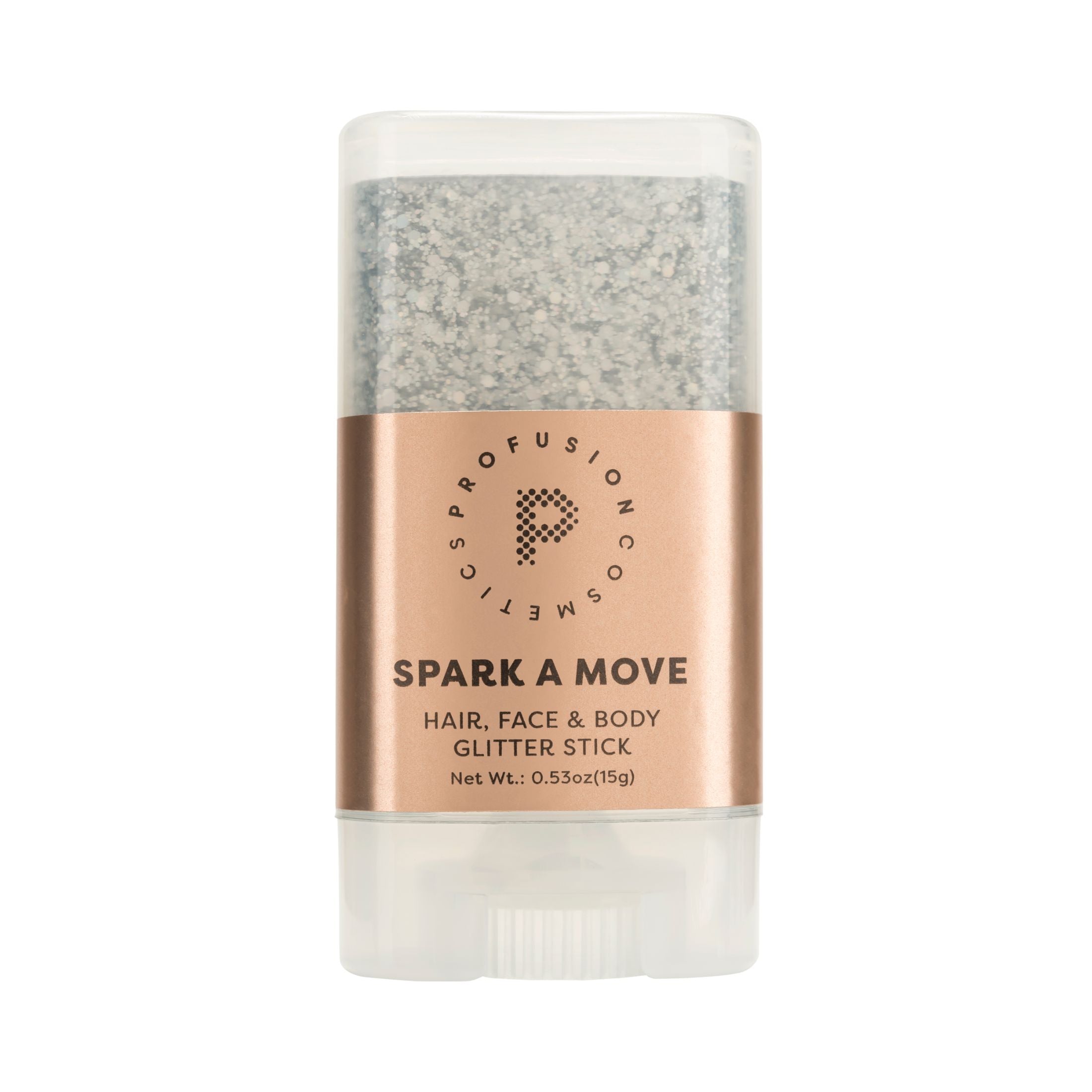 Profusion Cosmetics Spark-A-Move face and body glitter stick with shimmering silver glitter on a neutral background.