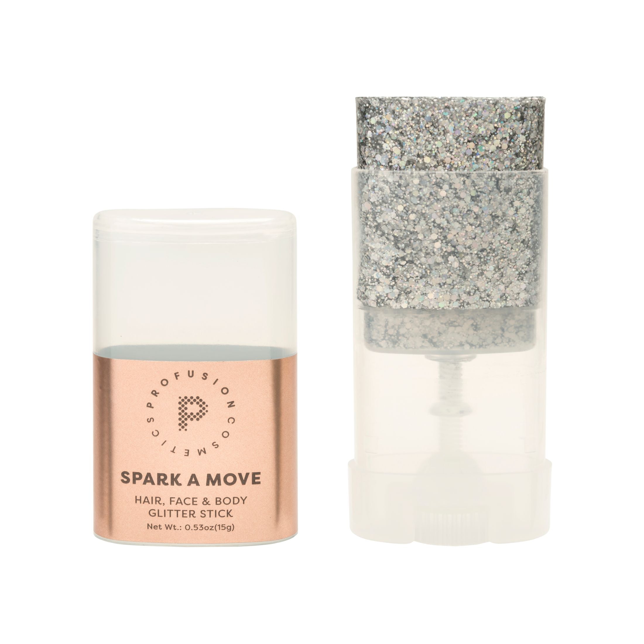 Profusion Cosmetics Spark-A-Move Face & Body Glitter Stick with shimmering silver glitter for highlighting and festive looks.