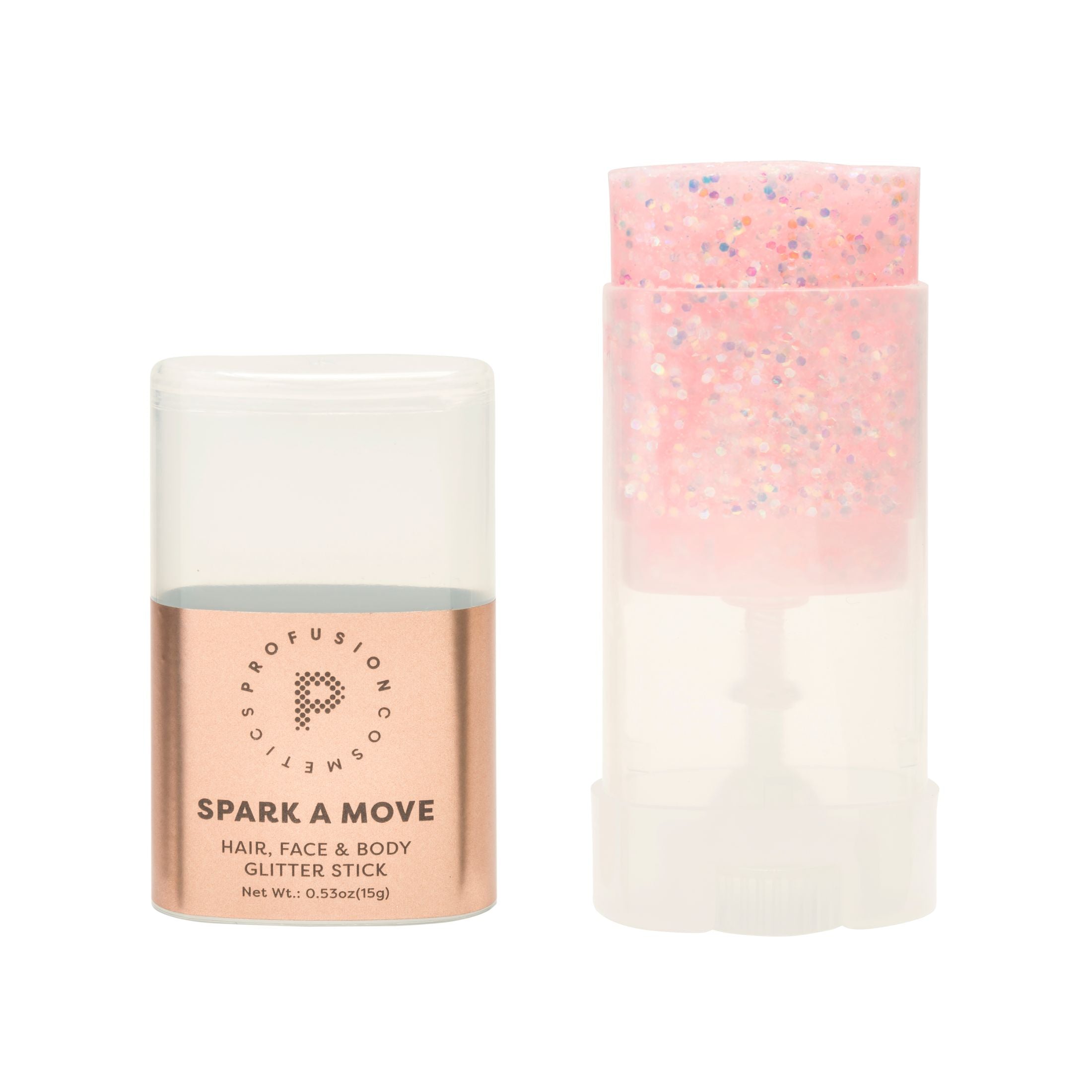 Profusion Cosmetics Spark-A-Move face and body glitter stick with shimmering moonwalk color, applied on skin for a sparkling look.