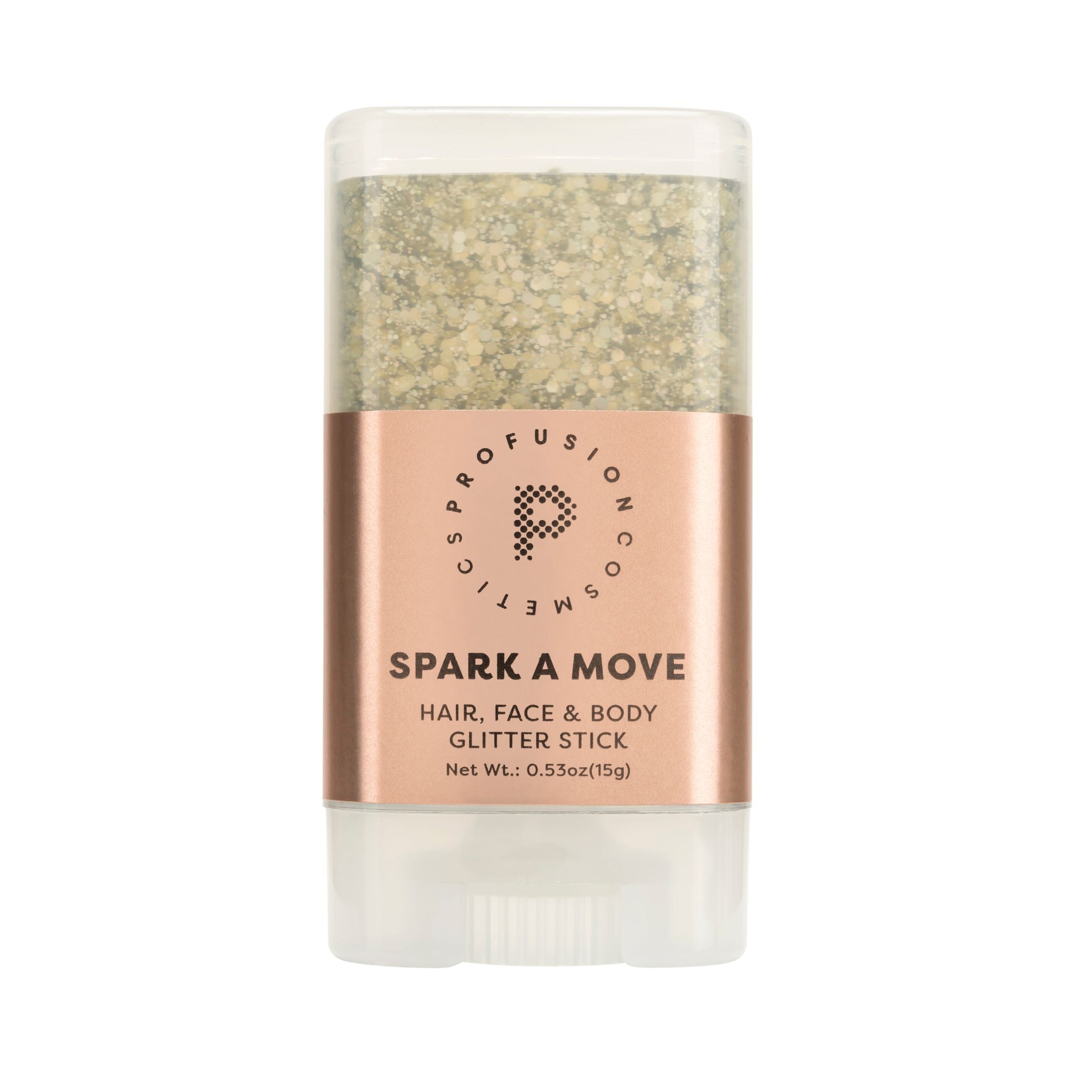 Profusion Cosmetics Spark-A-Move face and body glitter stick with shimmering moonwalk shade, showcasing its compact design and glitter texture.