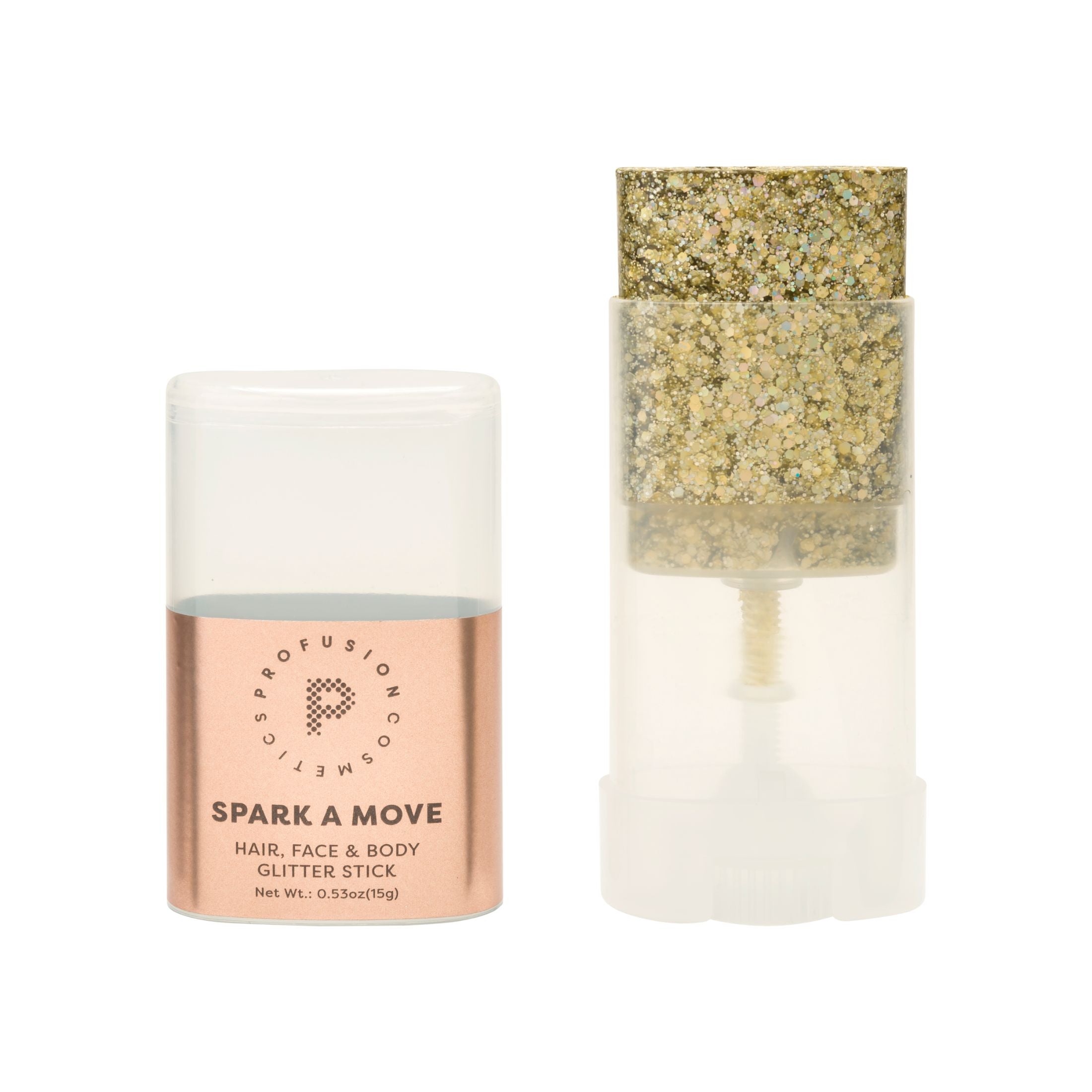 Profusion Cosmetics Spark-A-Move Face & Body Glitter Stick with shimmering silver glitter for a radiant, sparkling look.