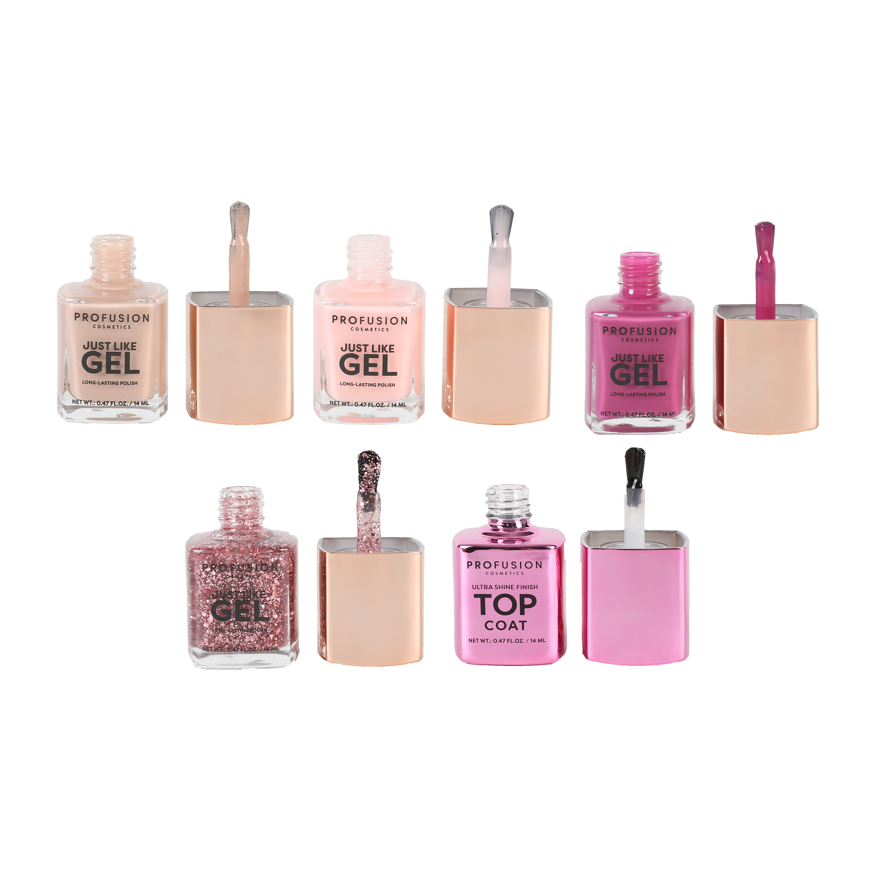 Set of Profusion Cosmetics Shining Star Gel Effect Nail Polishes featuring shimmering, vibrant colors for stylish manicures.