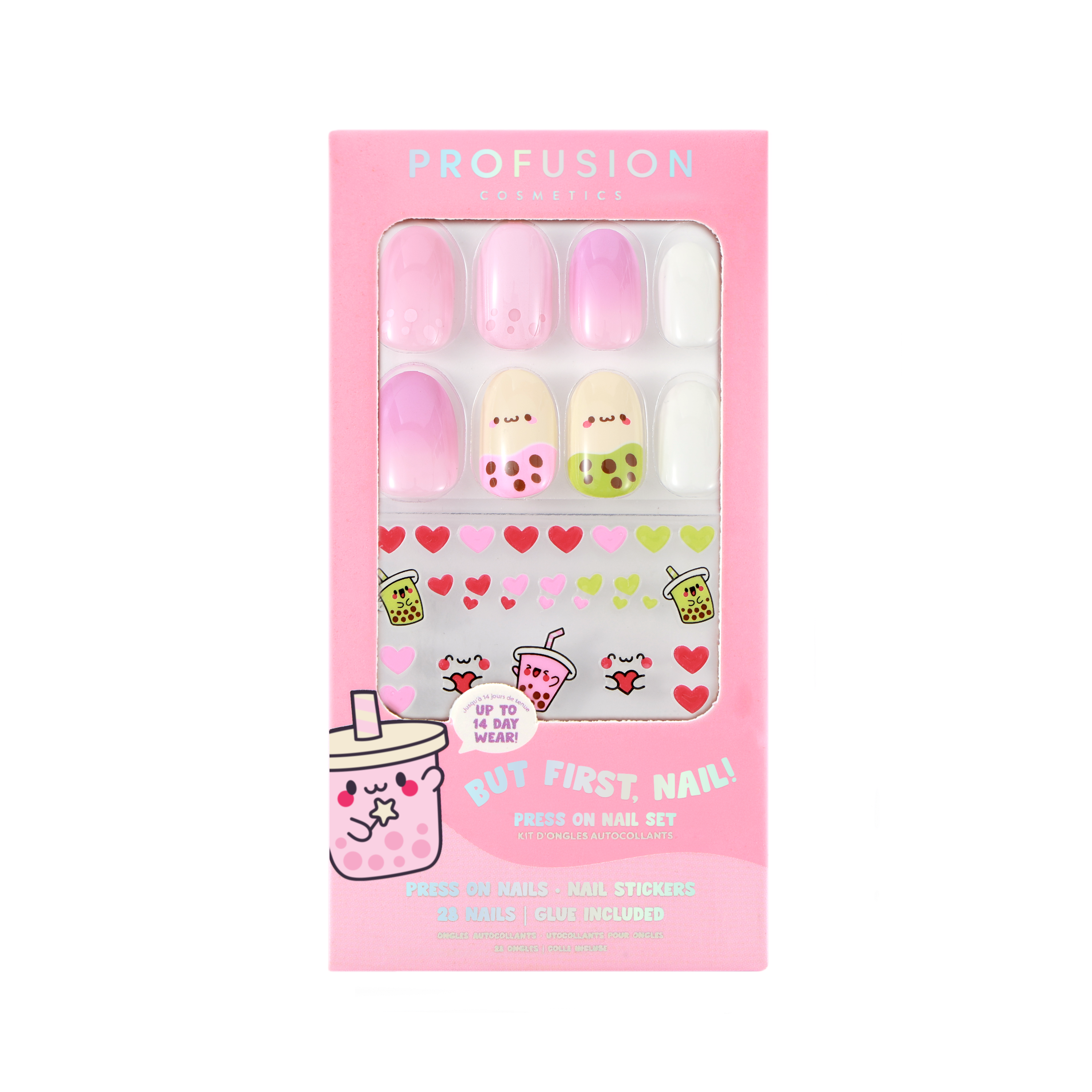 Press-on nail set by Profusion Cosmetics featuring stylish "But, First" design, perfect for quick and easy manicures.