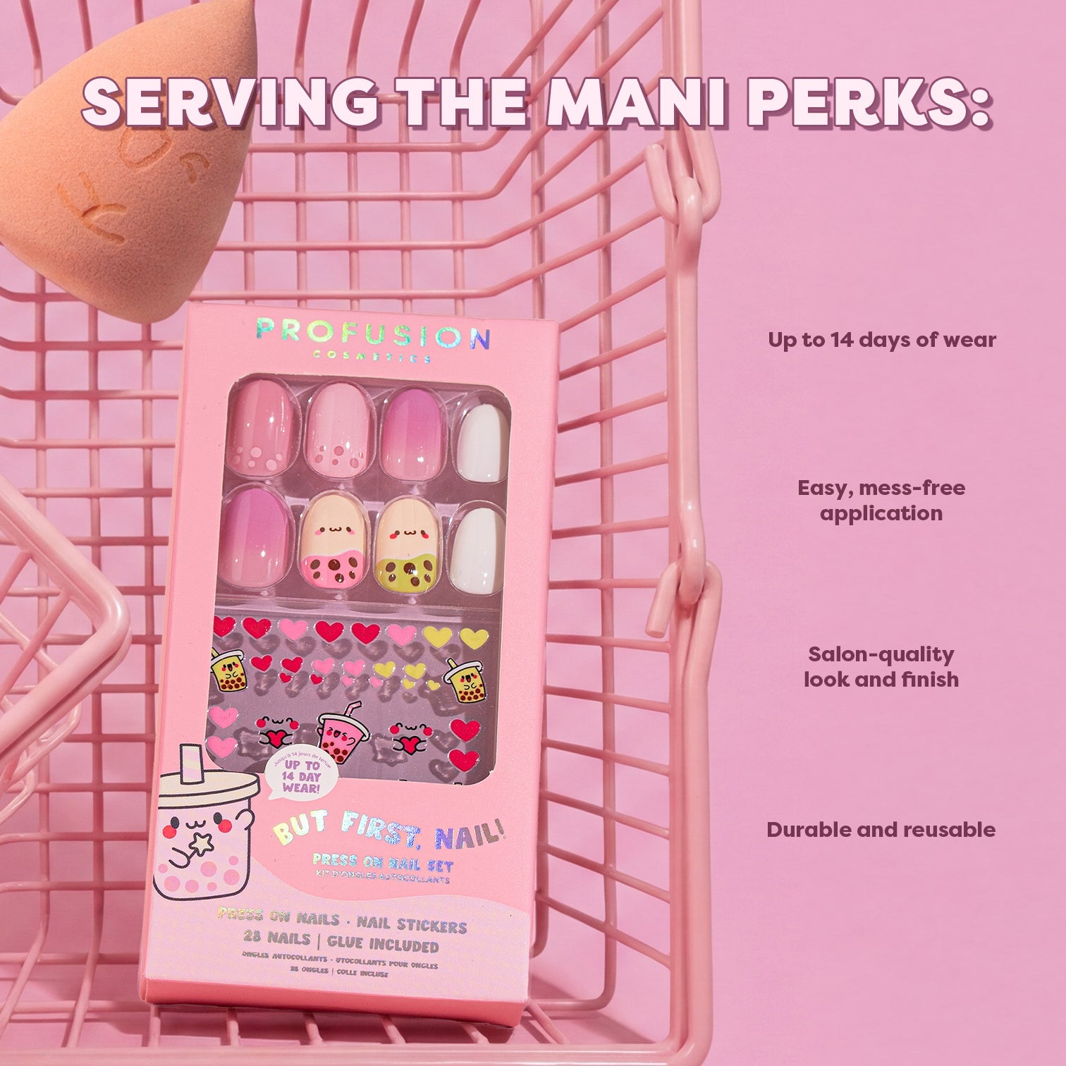 Set of press-on nails from Profusion Cosmetics featuring a stylish "But, First" design for easy at-home manicures.