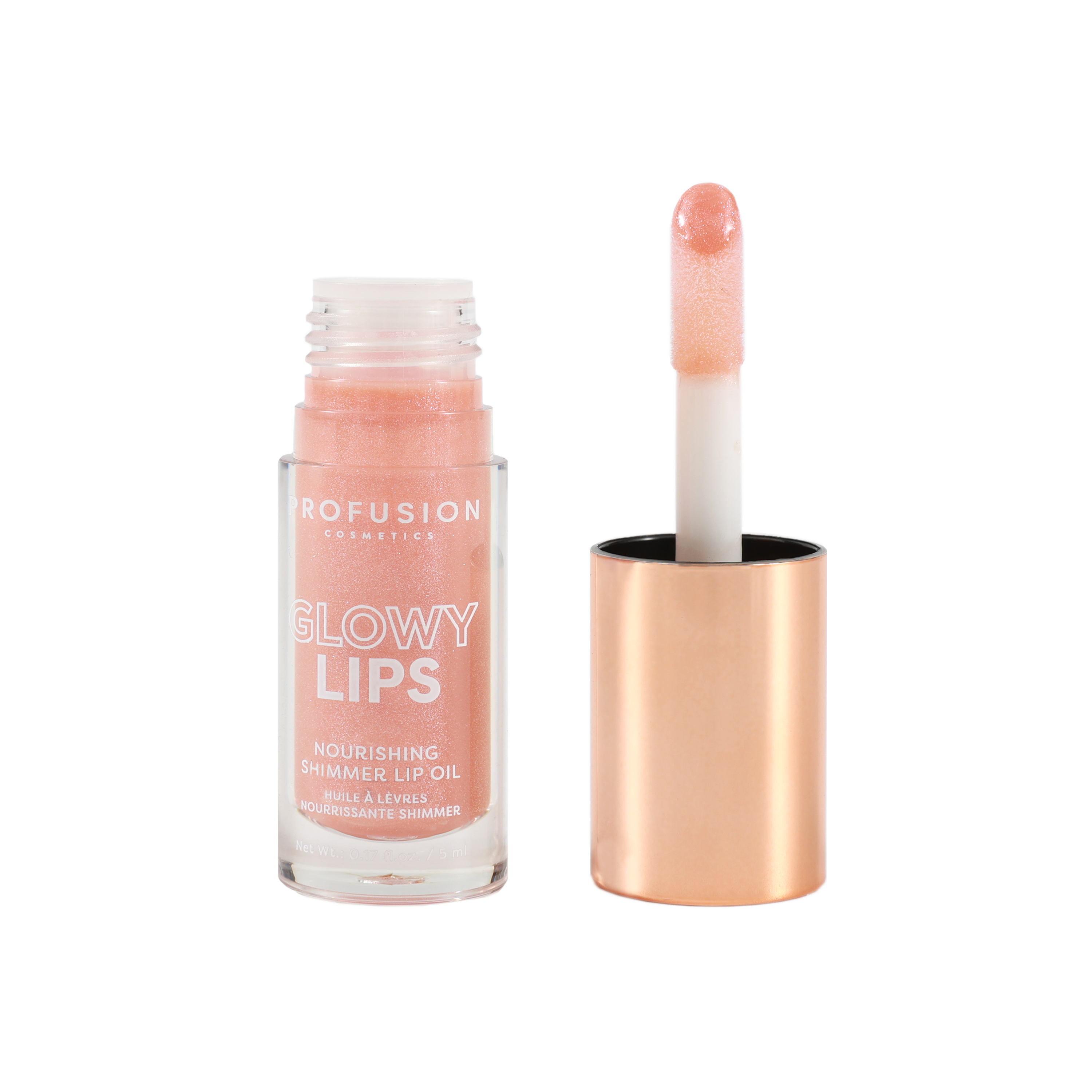 Profusion Cosmetics Glowy Lips Nourishing Shimmer Lip Oil with a glossy finish and shimmering highlights on smooth lips.