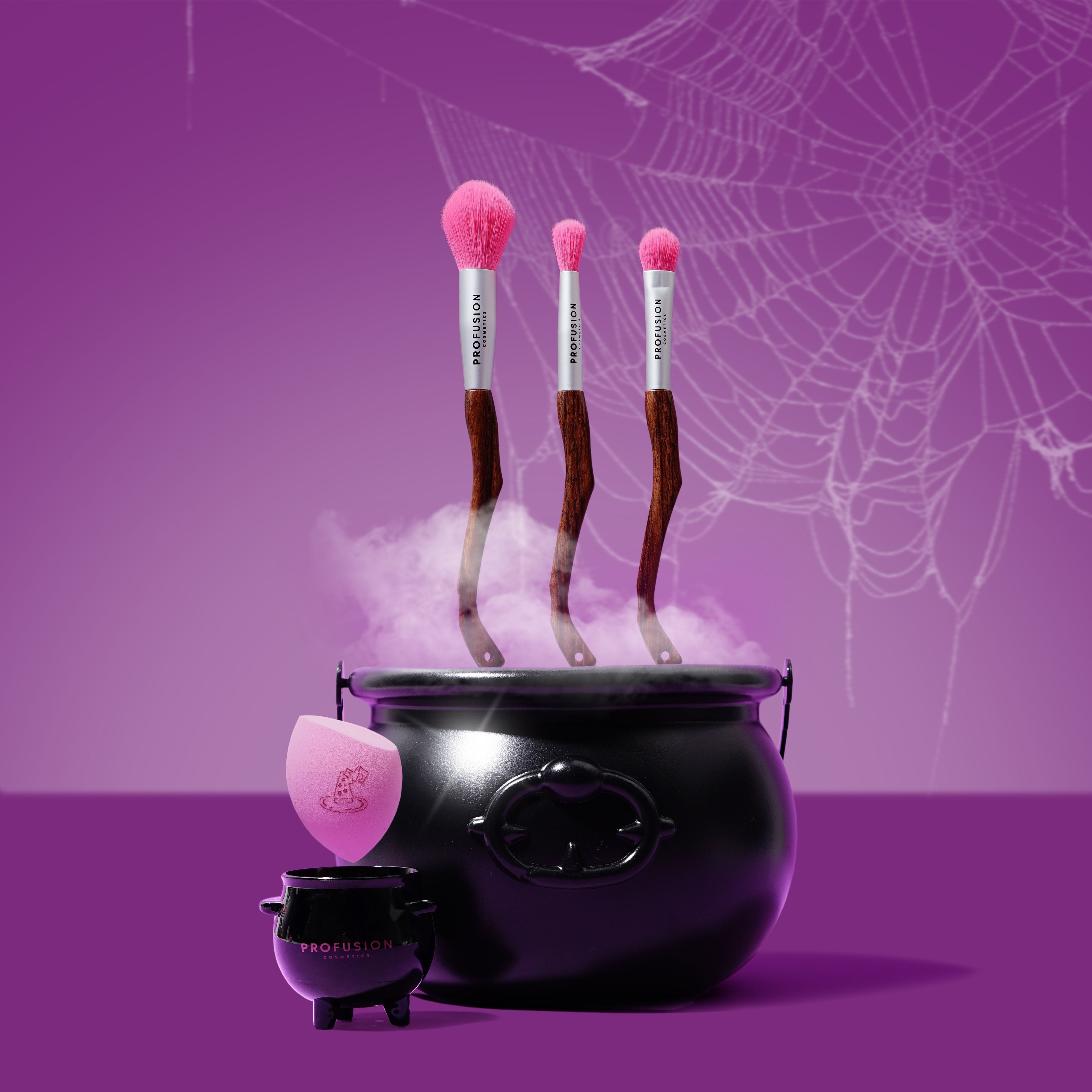 Profusion Cosmetics Monster Bash Witch's Potion Blend Sponge Set with colorful makeup sponges for blending and applying makeup.