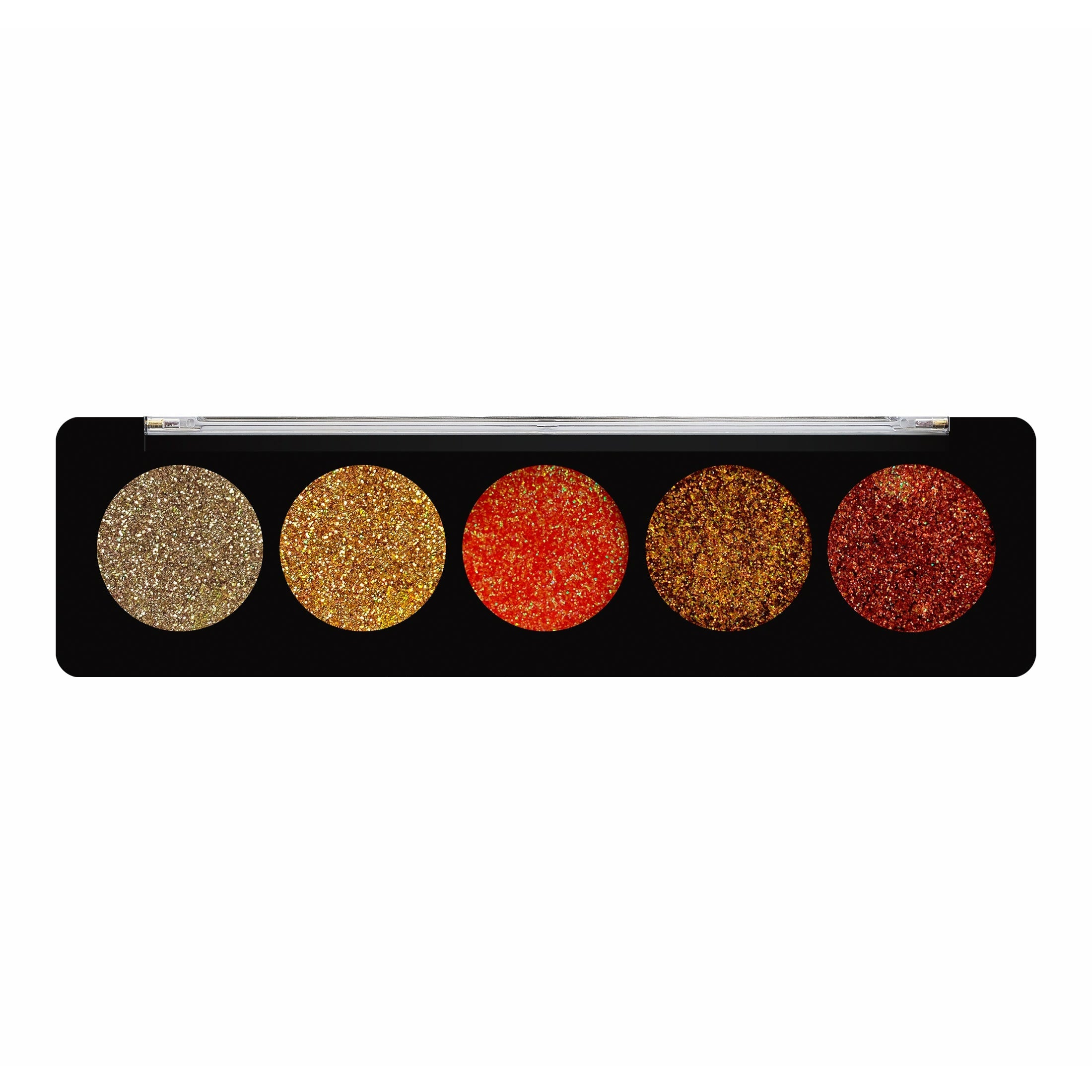 Profusion Cosmetics GEMS Glitter Palette with vibrant shimmering eyeshadows in jewel tones, displayed in an open palette.