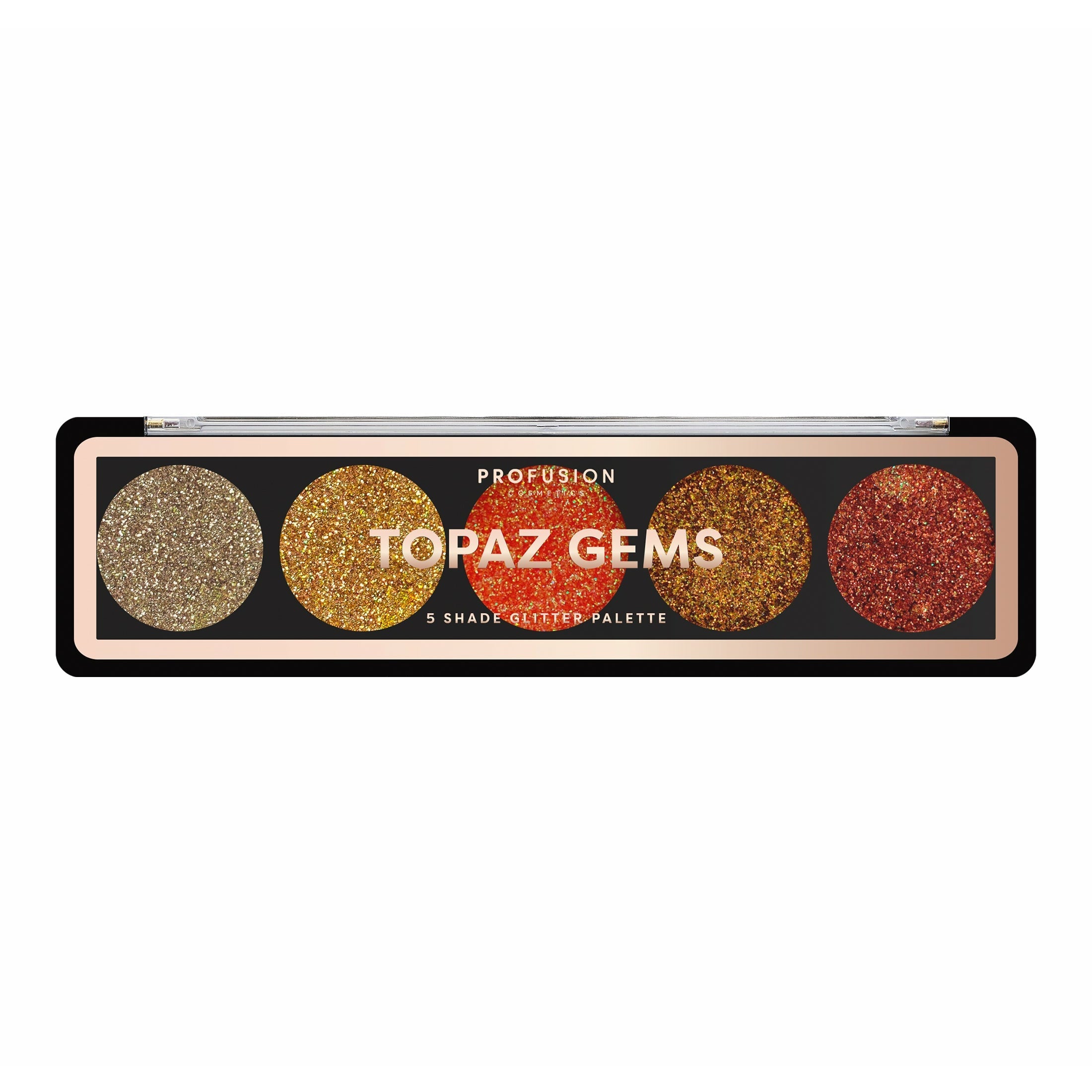 Profusion Cosmetics GEMS Glitter Palette featuring vibrant, sparkling eyeshadows in a variety of gem-inspired shades and finishes.
