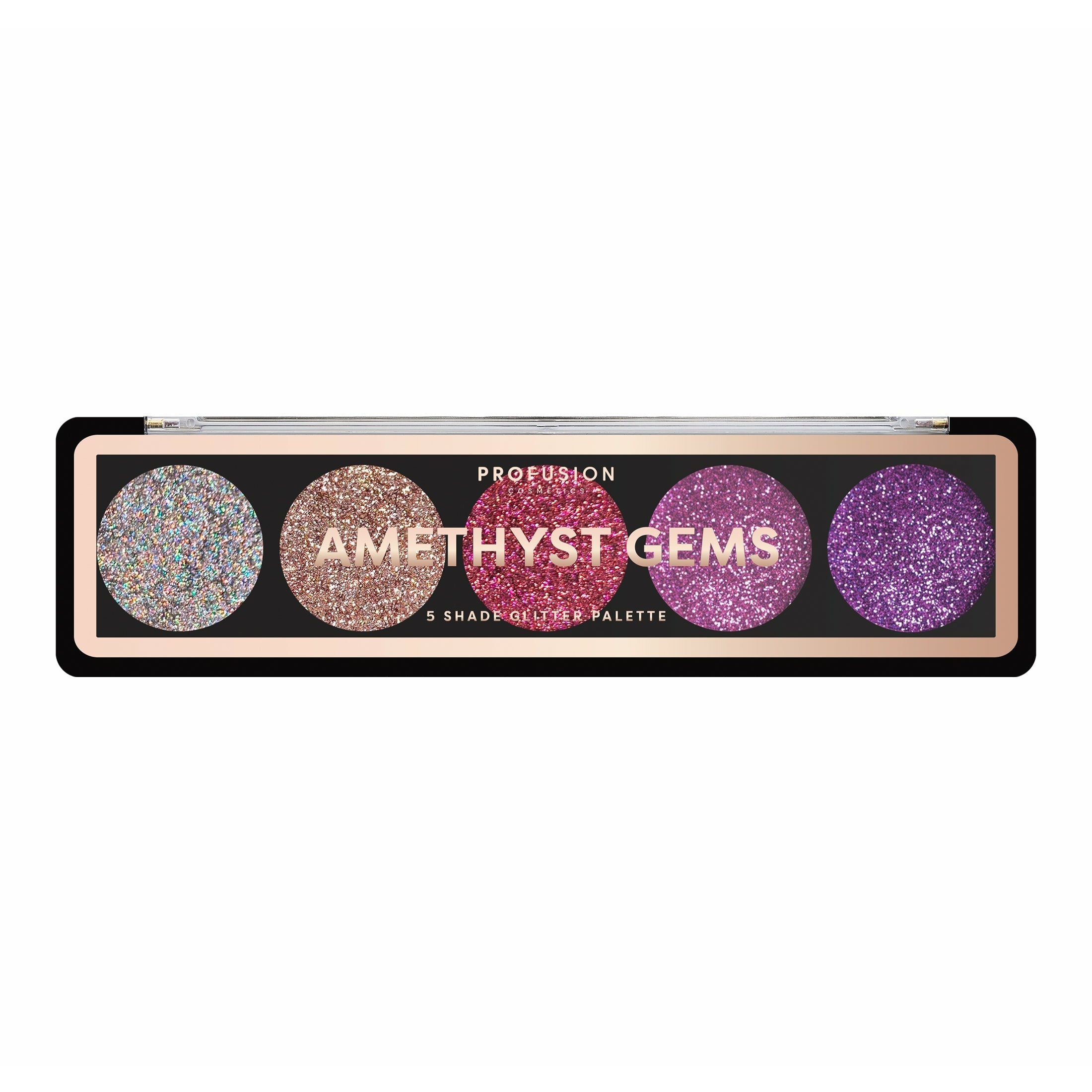 Profusion Cosmetics GEMS Glitter Palette featuring vibrant, sparkling eyeshadows in topaz and gem-inspired shades.