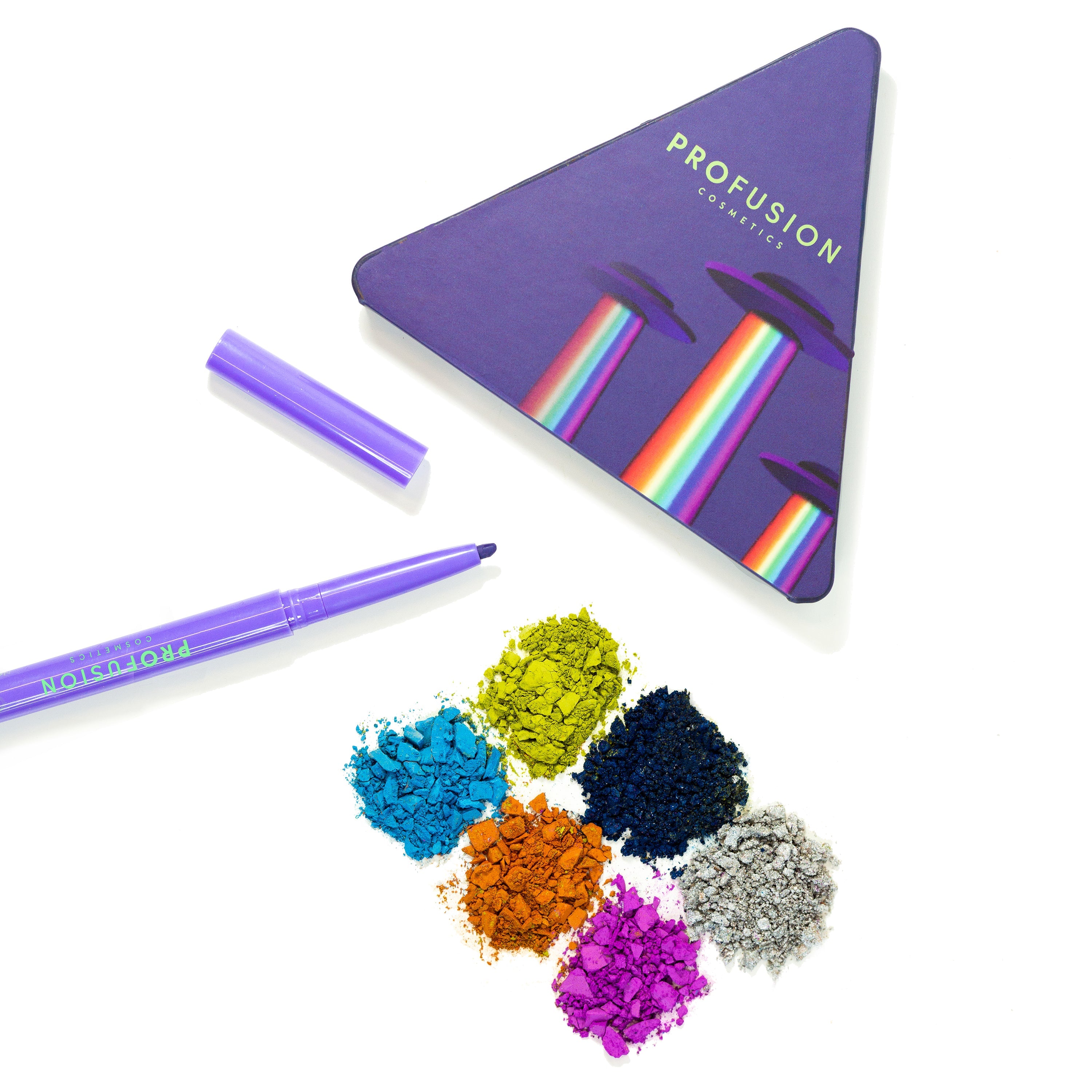 Profusion Cosmetics UFO Beam It Up Kit with 6-shade eyeshadow palette and neon eyeliner for vibrant eye makeup looks.