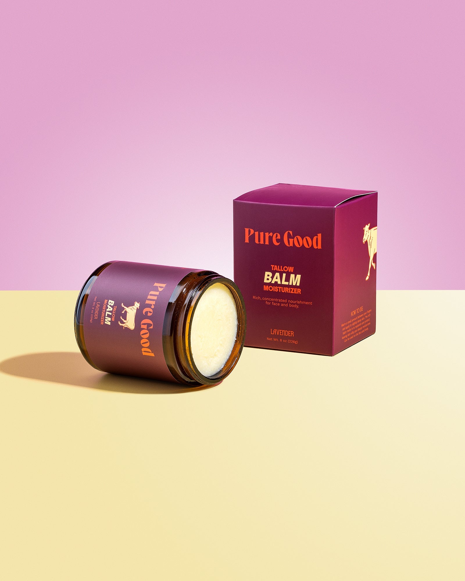 Whipped Lavender Tallow Balm by Pure Good LLC, calming and restoring skincare balm in a 4 oz jar with lavender scent.