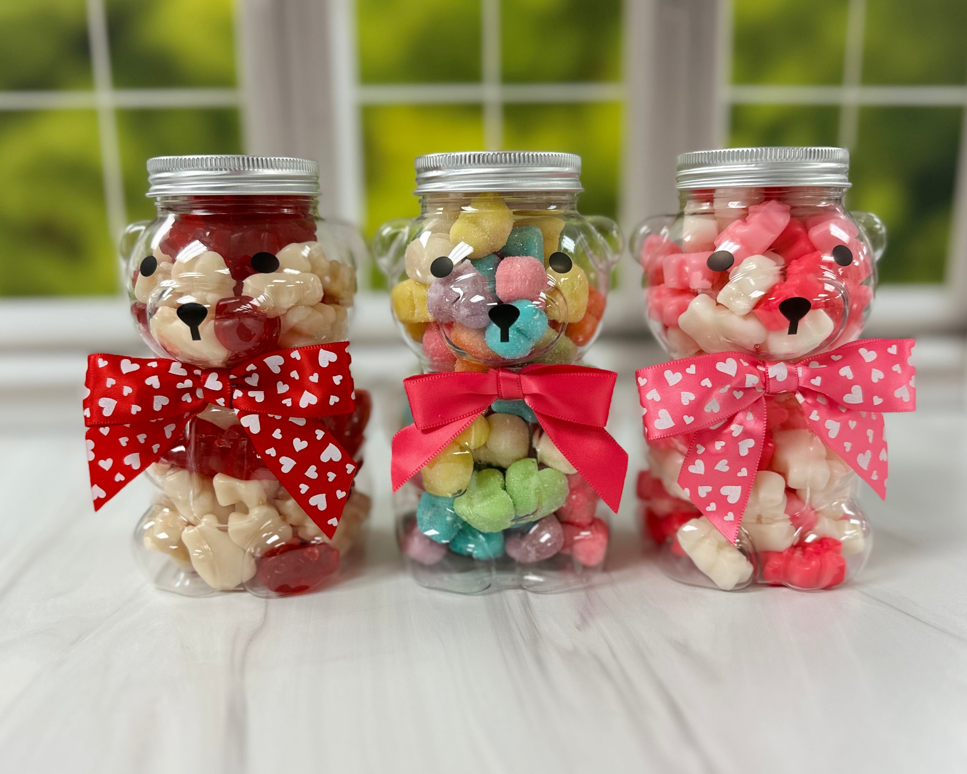 Pink and white Love Bear gummies by Pure Sugar Candy, colorful bear-shaped chewy candies for snacking.