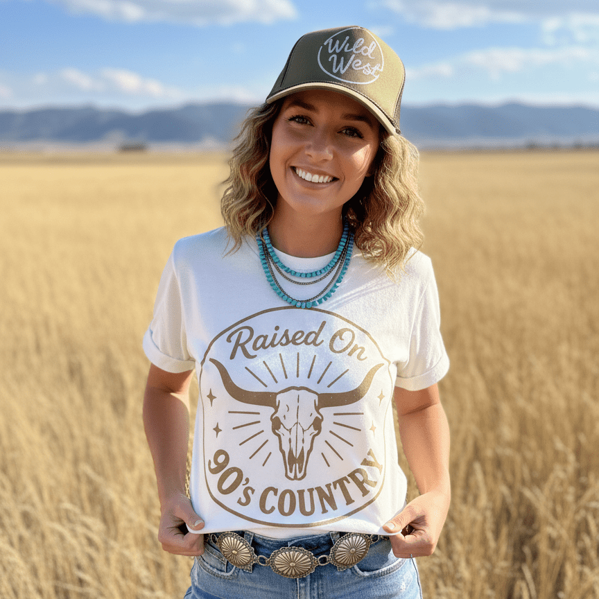 Wild Junkie raised on 90's country steer skull graphic T-shirt, casual men's graphic tee with vintage country design.