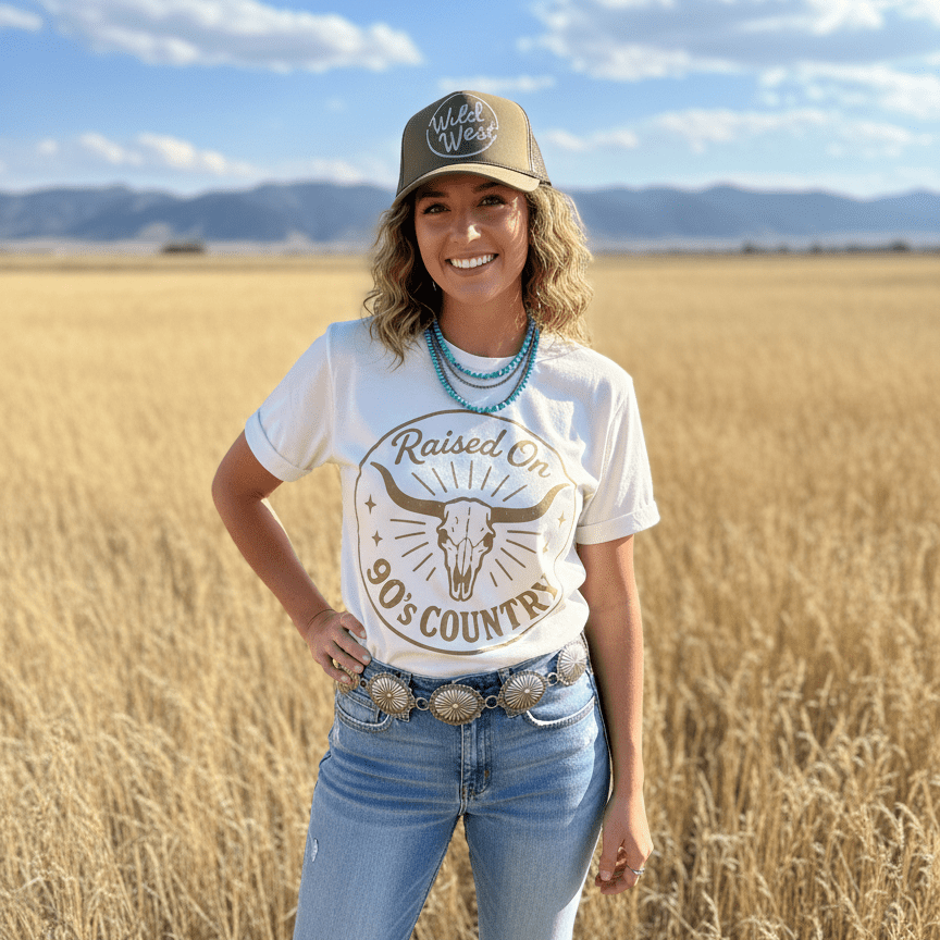 Wild Junkie 90's country steer skull graphic tee featuring bold country-inspired artwork on a casual graphic tee.