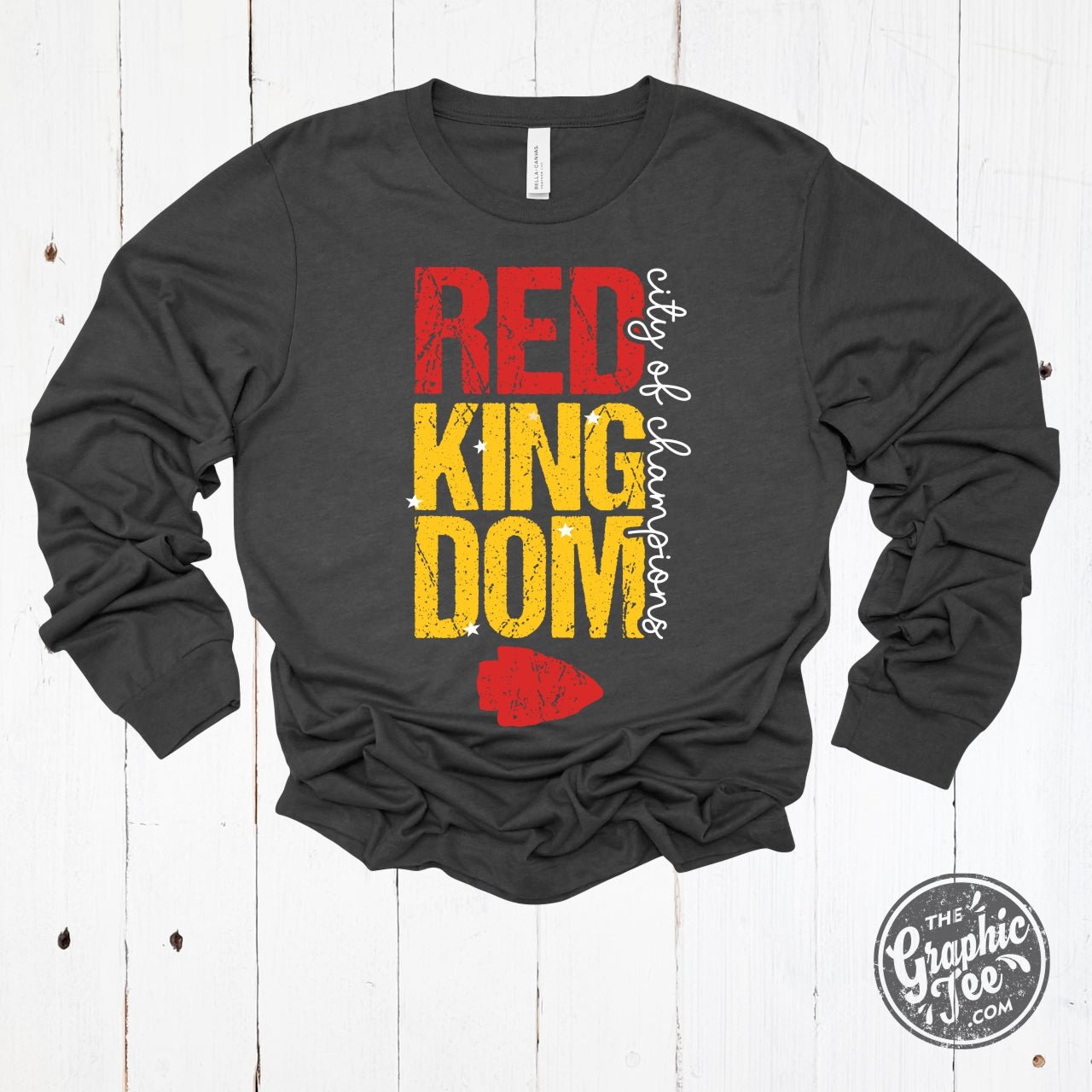 Dark grey heather long sleeve graphic tee from The Graphic Tee featuring a red Kingdom City of Champions design.
