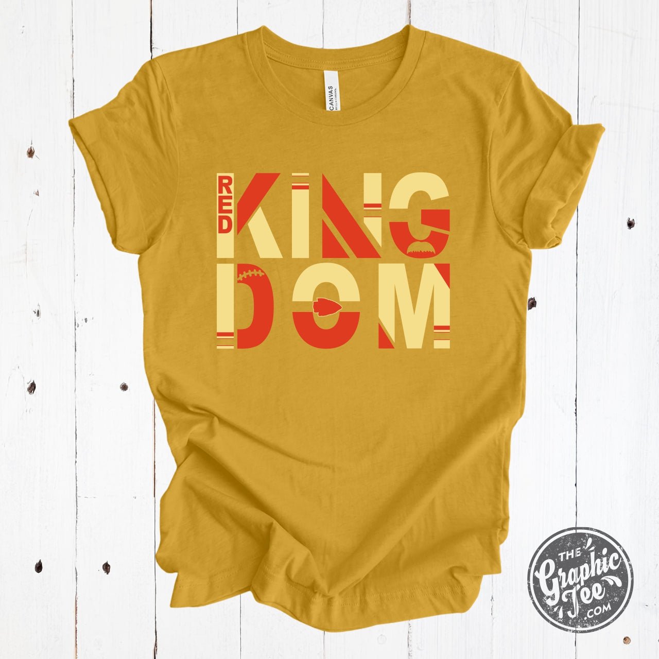 Red Kingdom short sleeve graphic tee by The Graphic Tee, featuring bold design on a vibrant red fabric.
