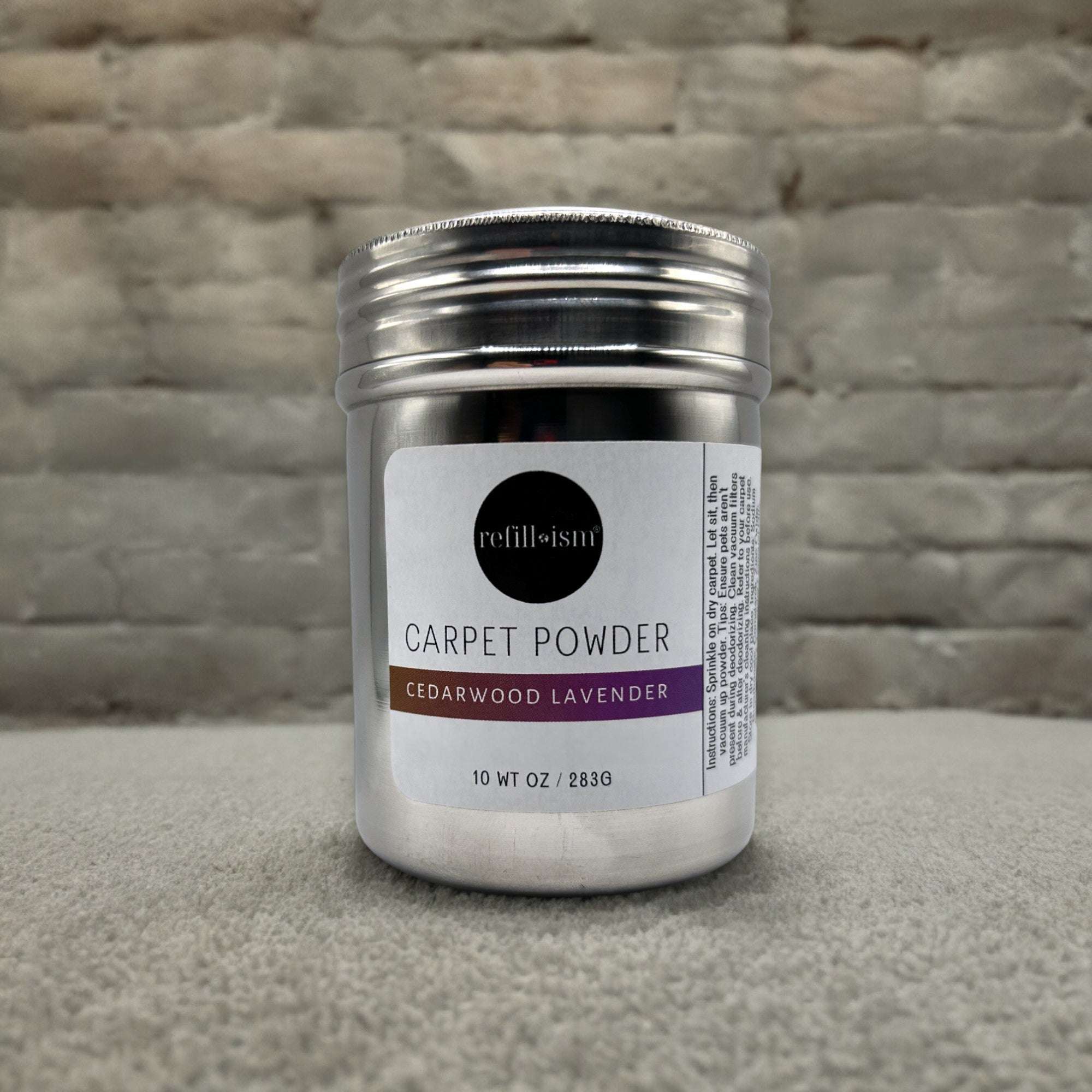 Refillism cedarwood lavender carpet powder in a 10 oz jar, natural odor neutralizer for home cleaning.