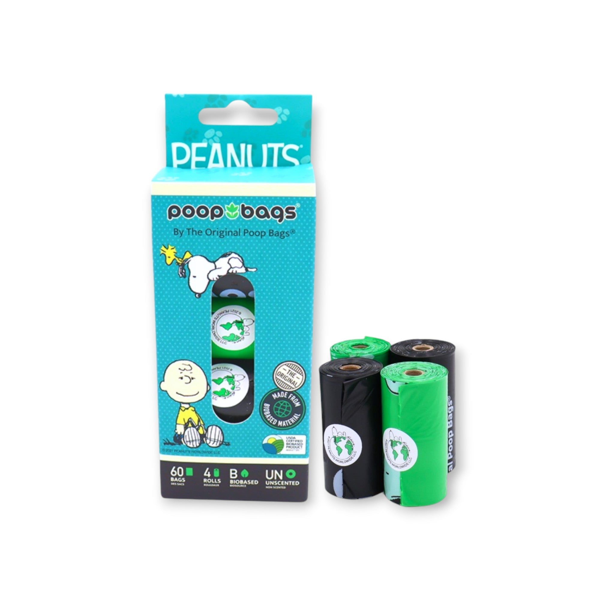 Reefilism Pet Poop Bags, Peanuts® Bio-Based, USDA Certified, 60 count, 4 rolls of eco-friendly pet waste bags.