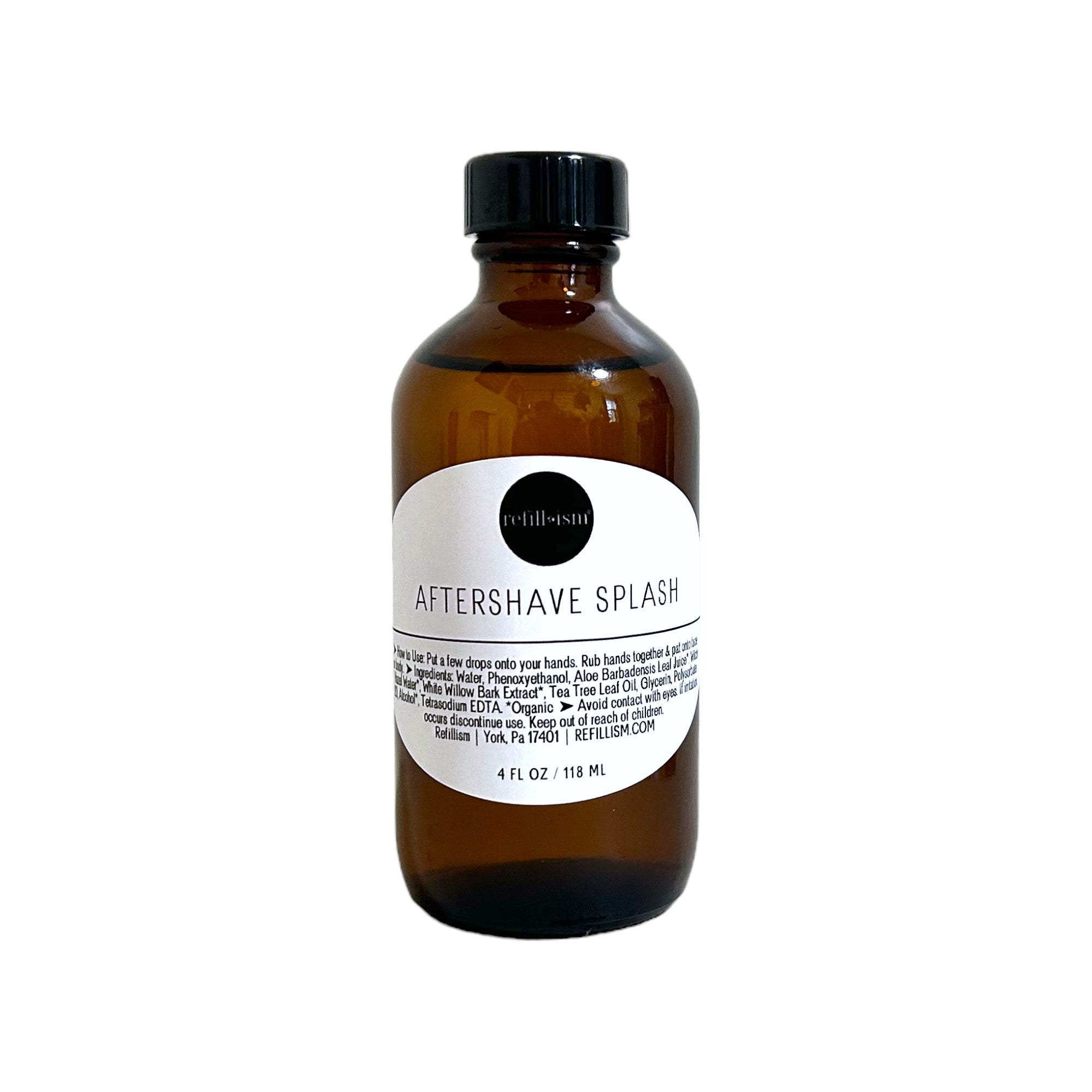 Refillism aftershave splash in a 4oz bottle, personal care product with clear liquid and minimalist label design.