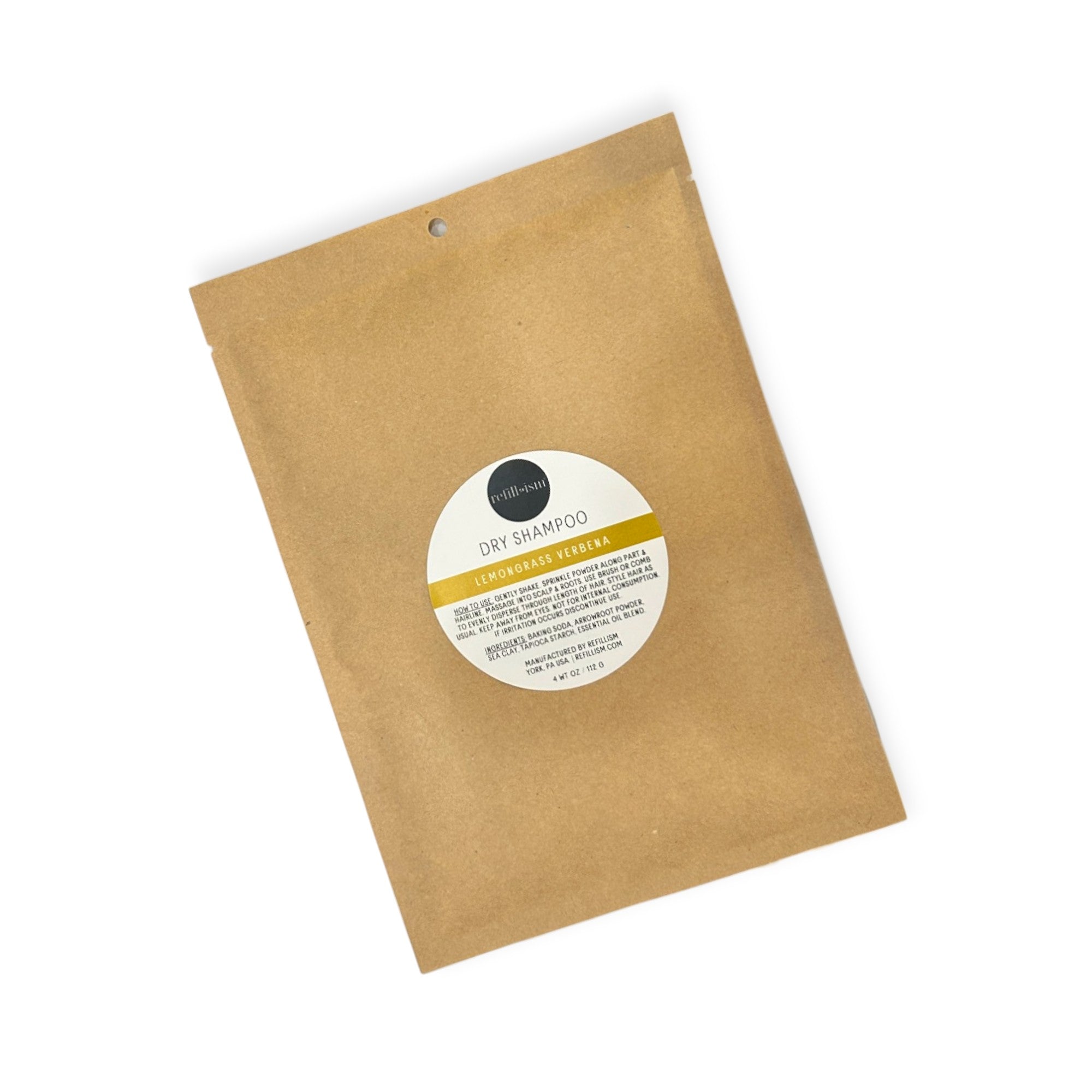 Refillism dry shampoo refill with lemongrass and verbena scent, 4oz, suitable for personal care and quick hair refreshment.