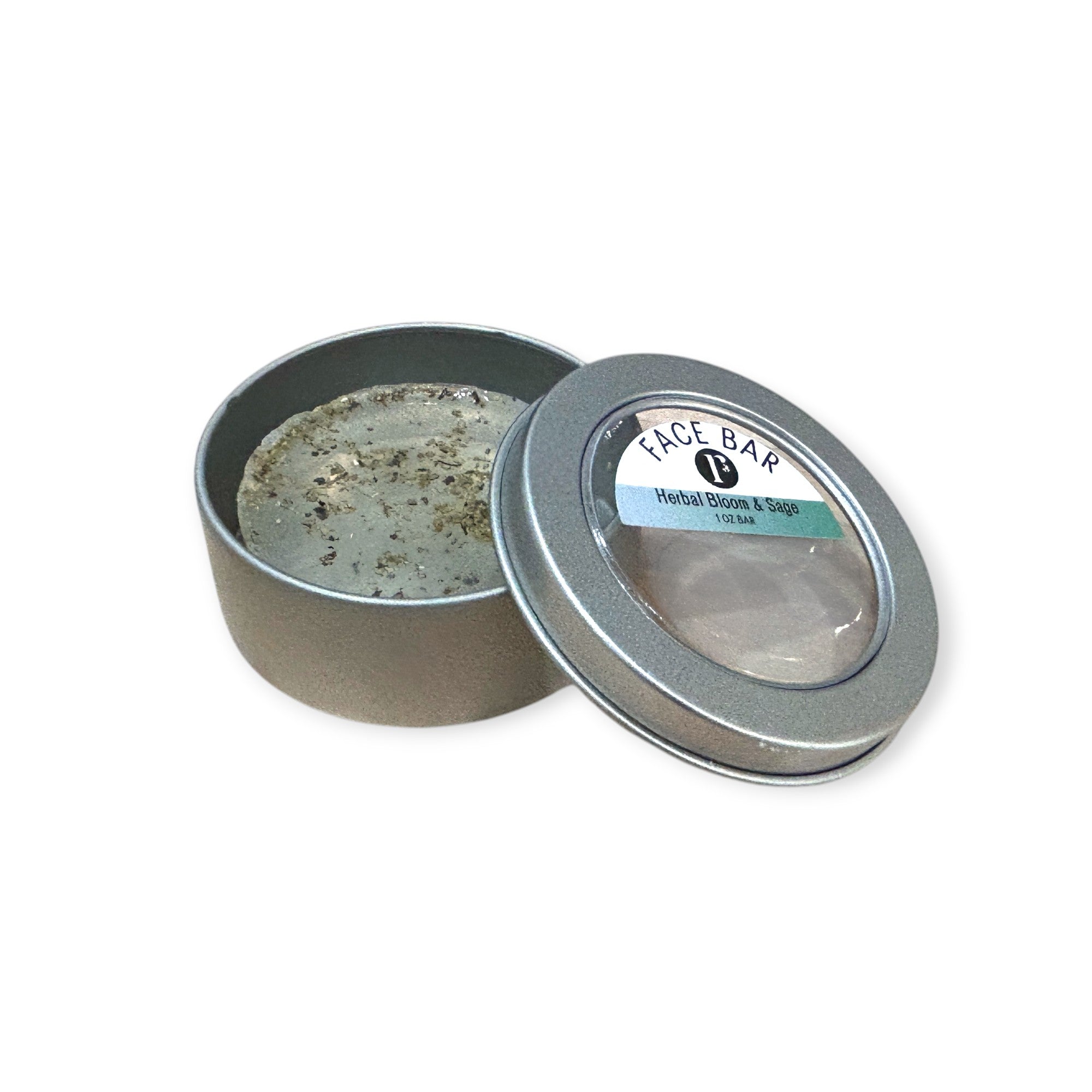 Herbal Bloom and Sage face bar soap in a tin, natural personal care soap by Refillism with floral and herbal ingredients.